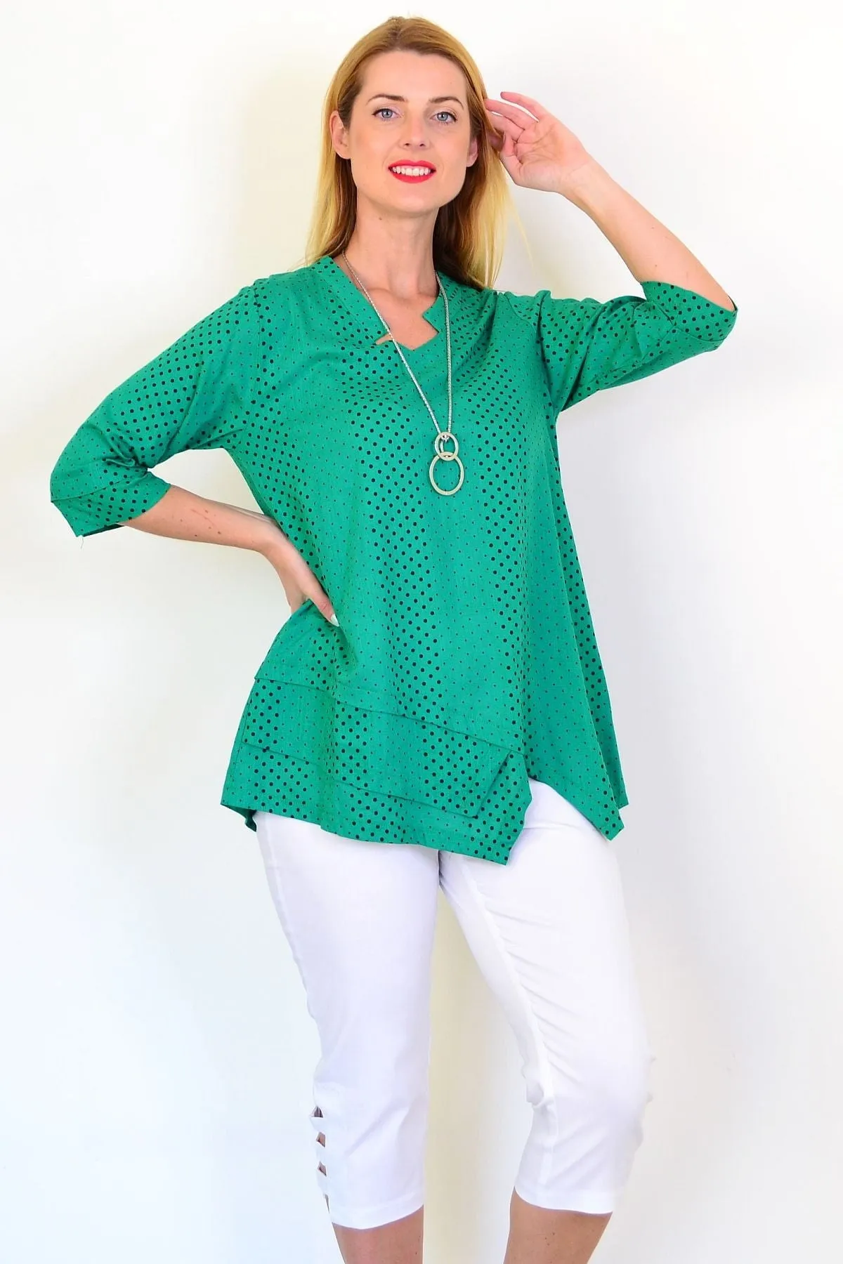 Spotted Green Linen Blend Tunic Top