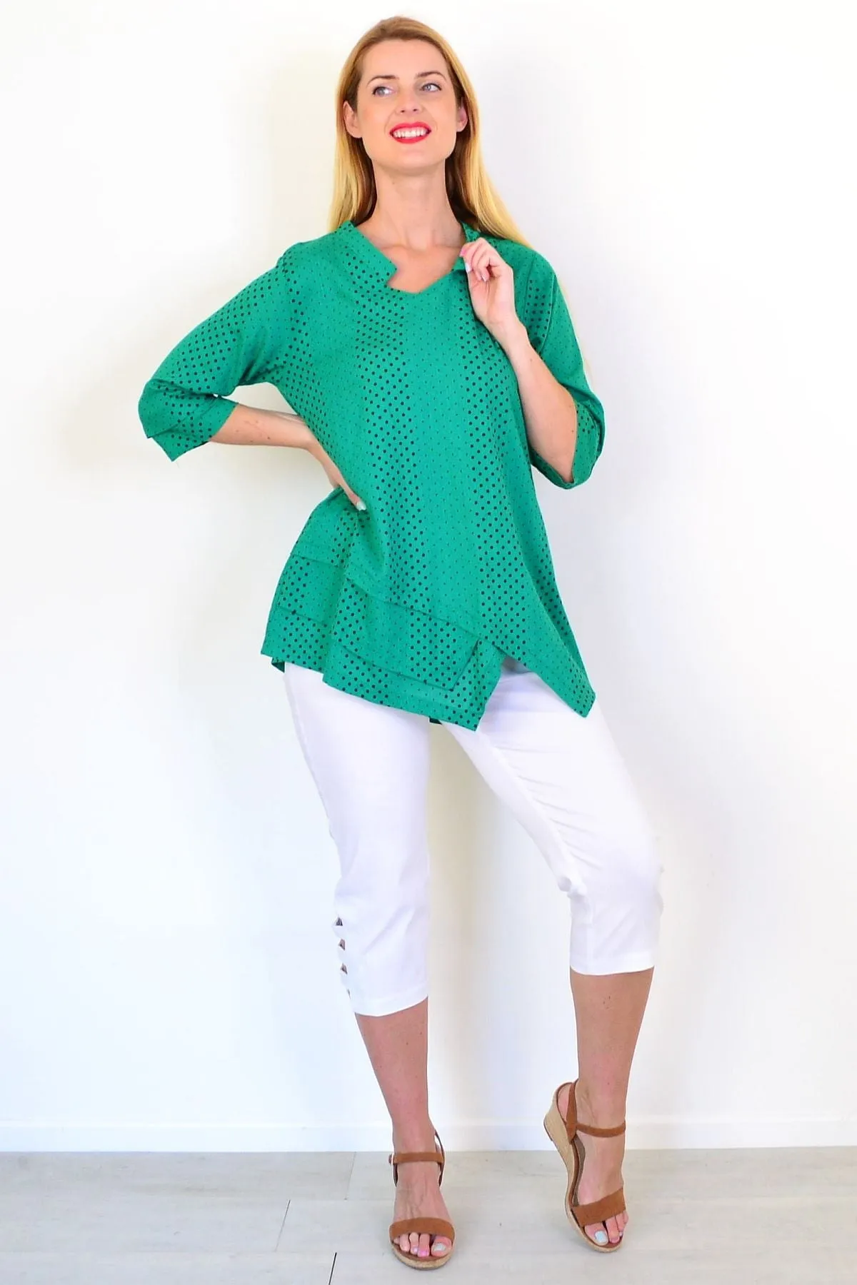 Spotted Green Linen Blend Tunic Top