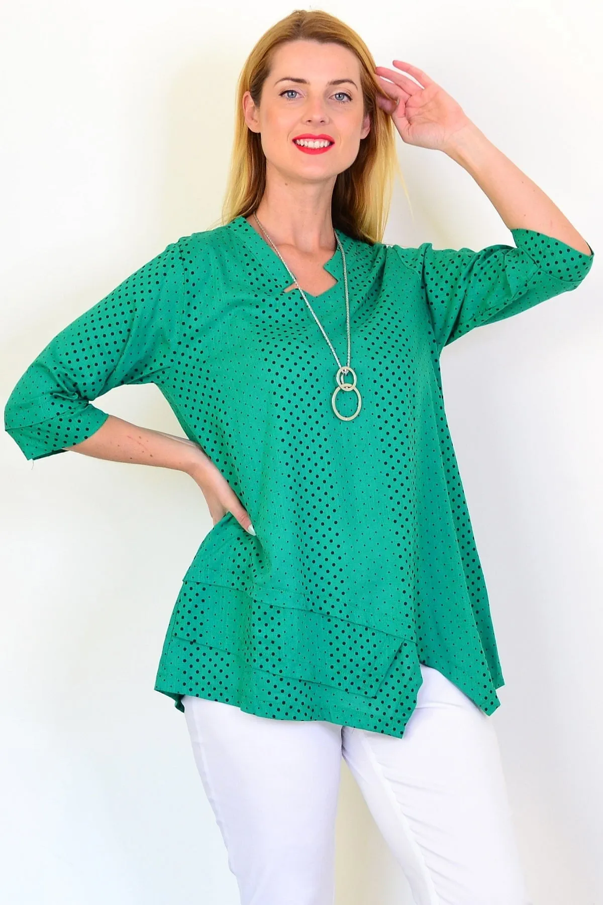 Spotted Green Linen Blend Tunic Top