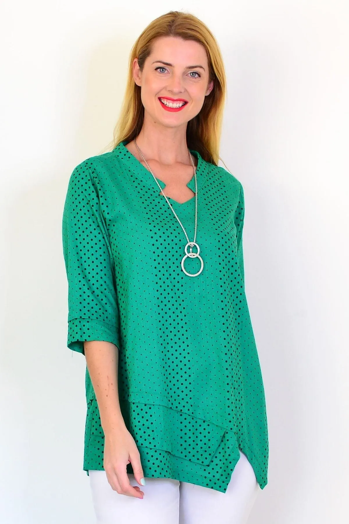 Spotted Green Linen Blend Tunic Top