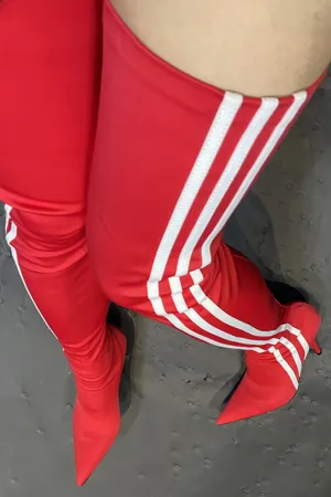 Striped Heeled Thigh High Sock Boots - Red
