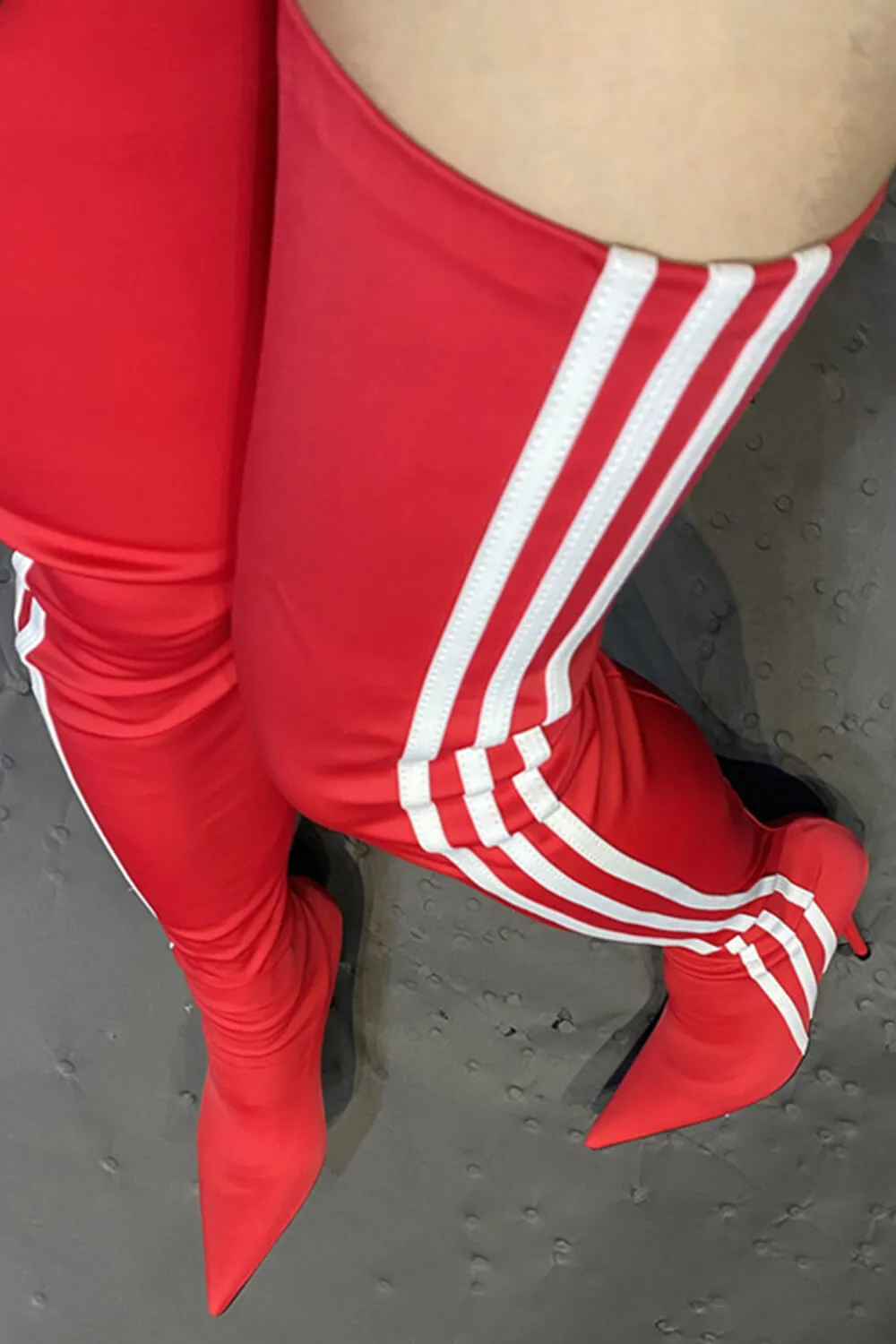 Striped Heeled Thigh High Sock Boots - Red