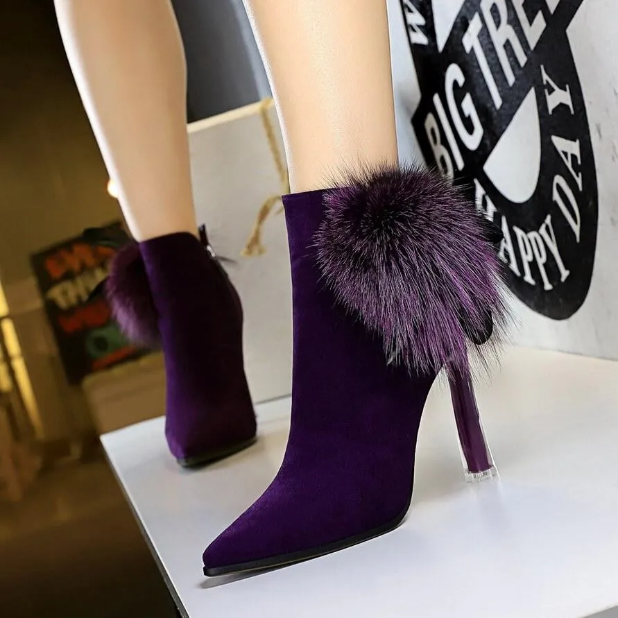 Suede Fur Point Toe Zipper High Heel Ankle Boots