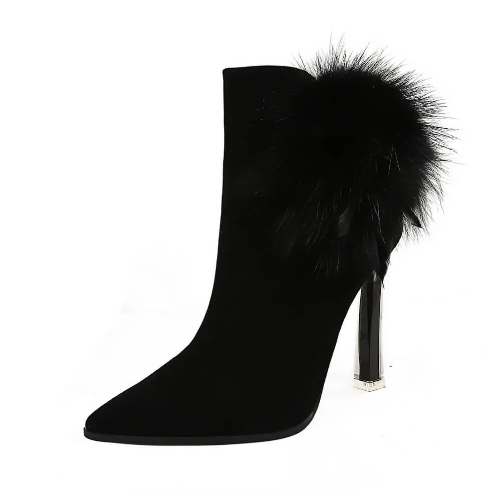 Suede Fur Point Toe Zipper High Heel Ankle Boots
