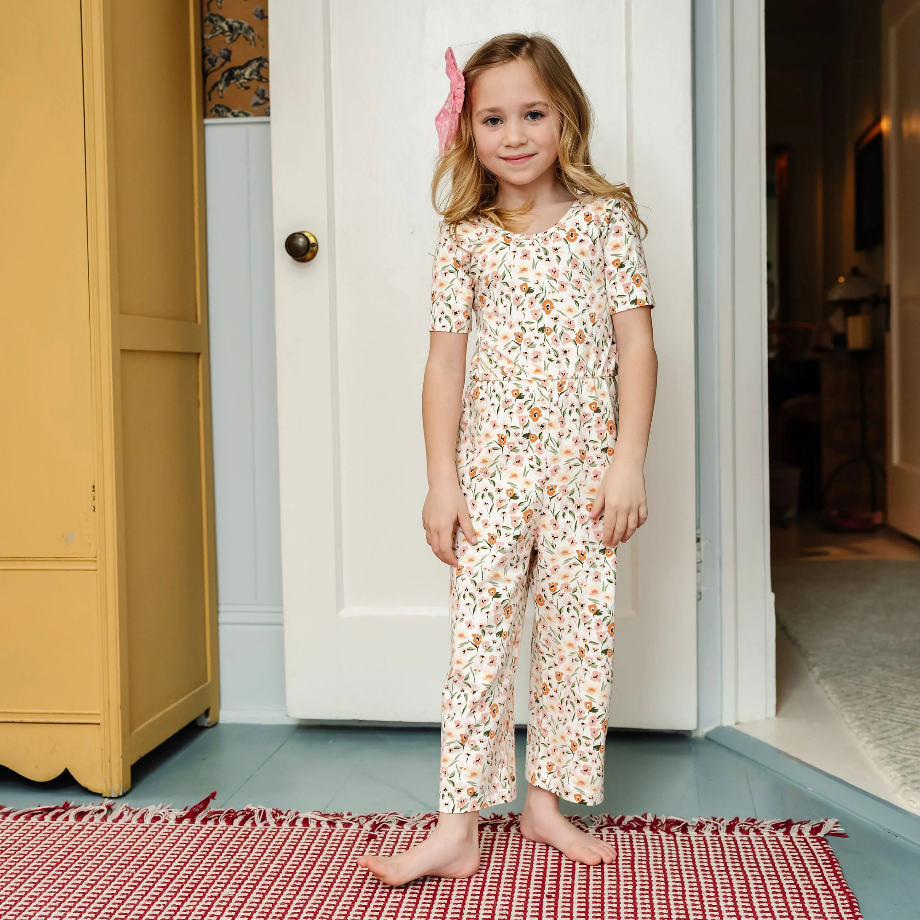 The Short Sleeve Wide Leg Jumpsuit in Peach Petal