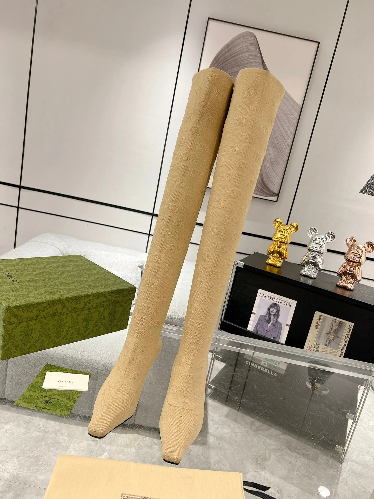THIGH HIGH BOOTS IN BEIGE KNITTED FABRIC