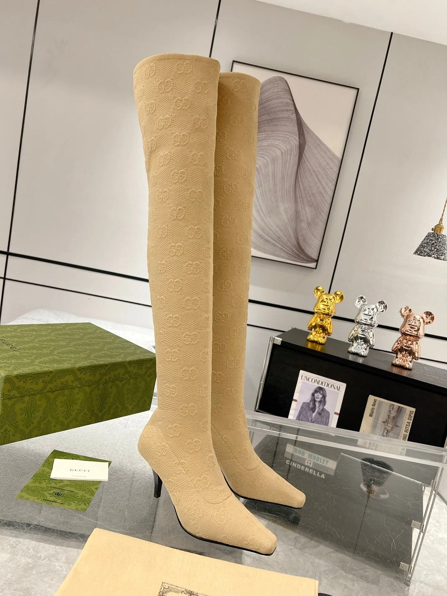 THIGH HIGH BOOTS IN BEIGE KNITTED FABRIC
