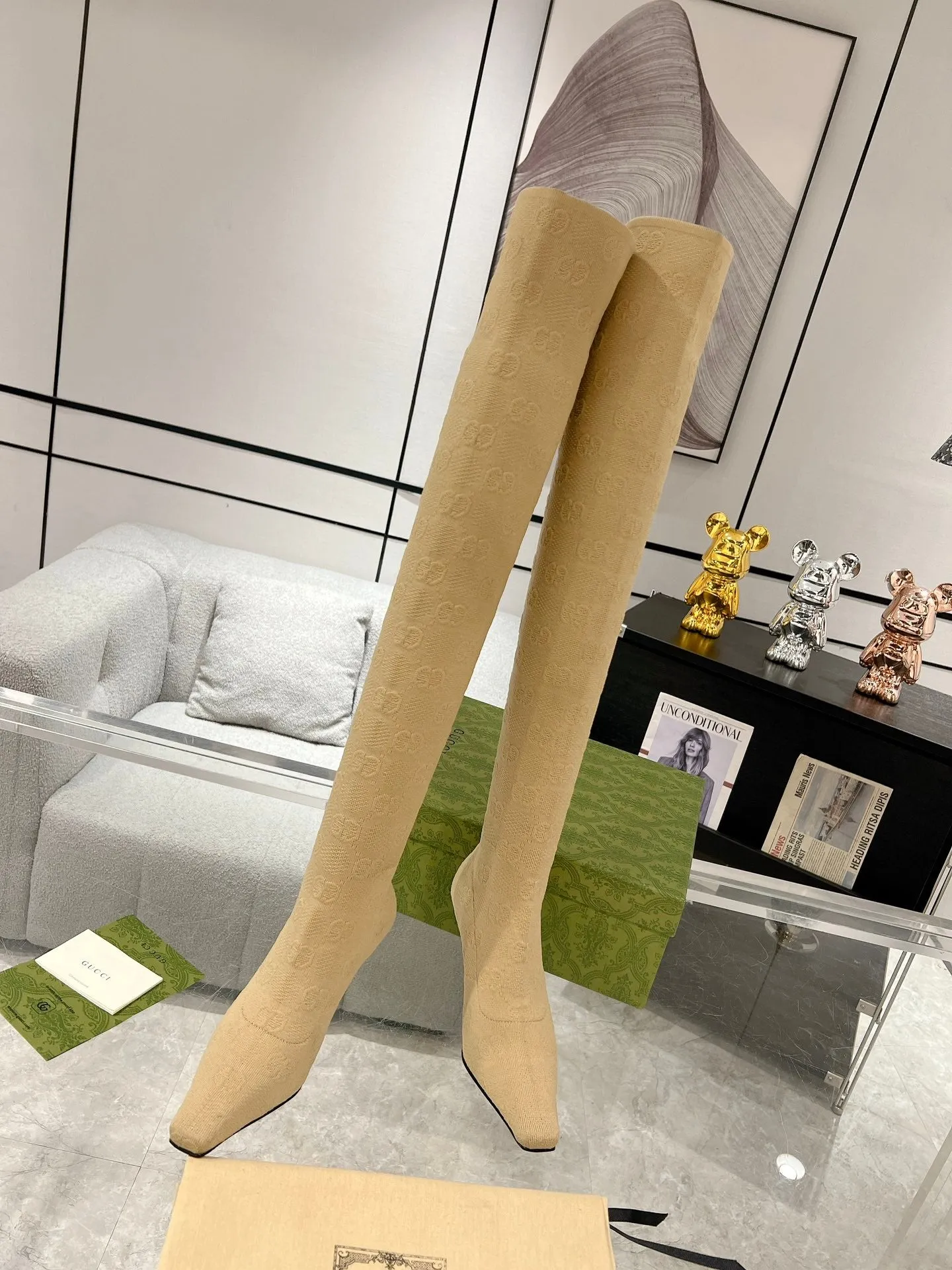 THIGH HIGH BOOTS IN BEIGE KNITTED FABRIC