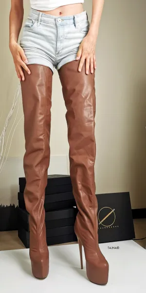Thigh High Brown Genuine Leather Boots