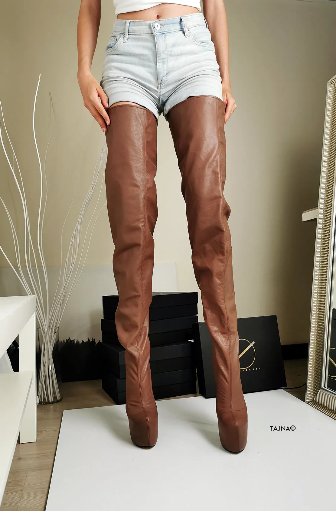 Thigh High Brown Genuine Leather Boots