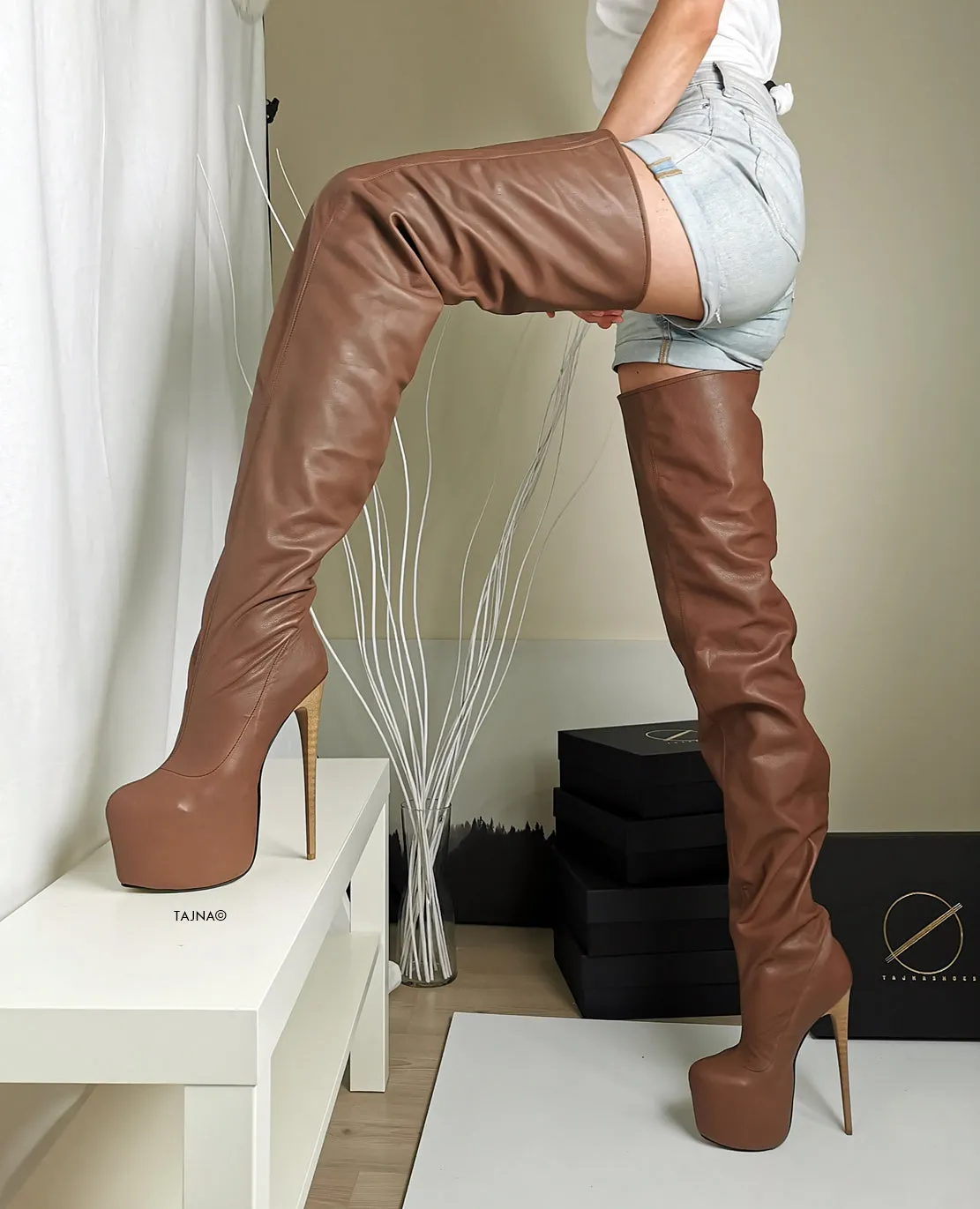 Thigh High Brown Genuine Leather Boots