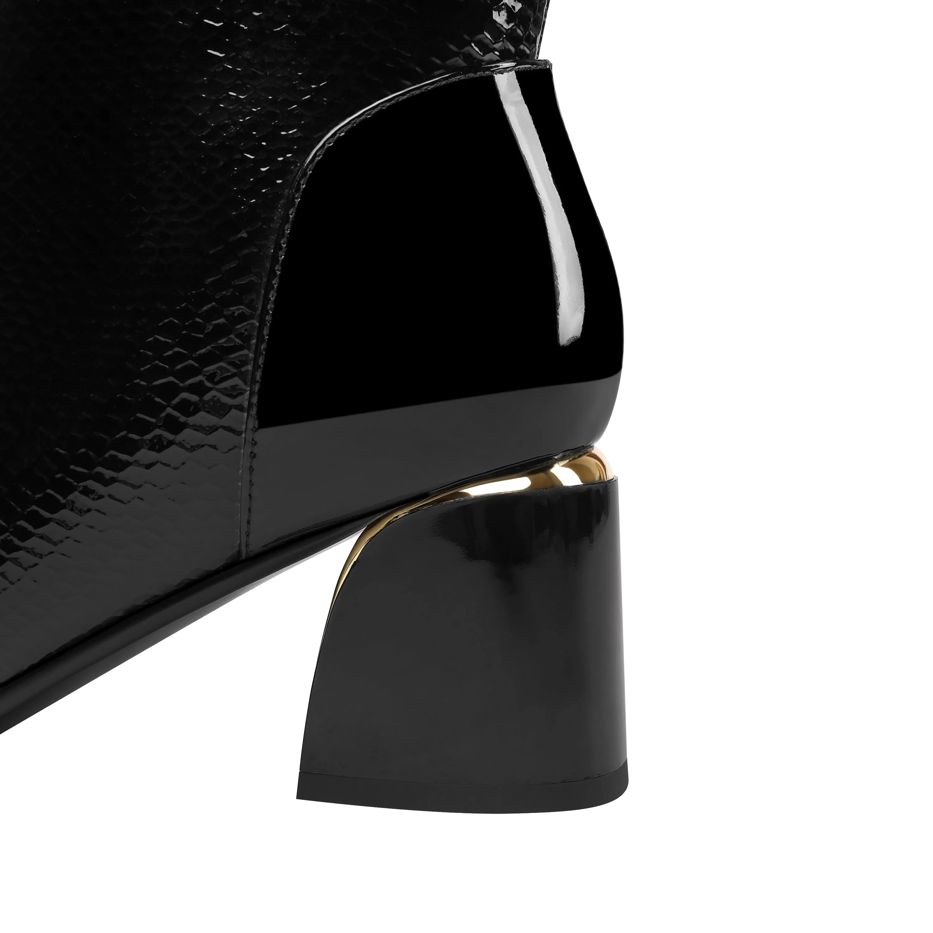TinaCus Handmade Women's Patent Leather Side Zip Up Block Heel Cap-Toe Black Mid-Calf Boots with Chic Metal Pattern