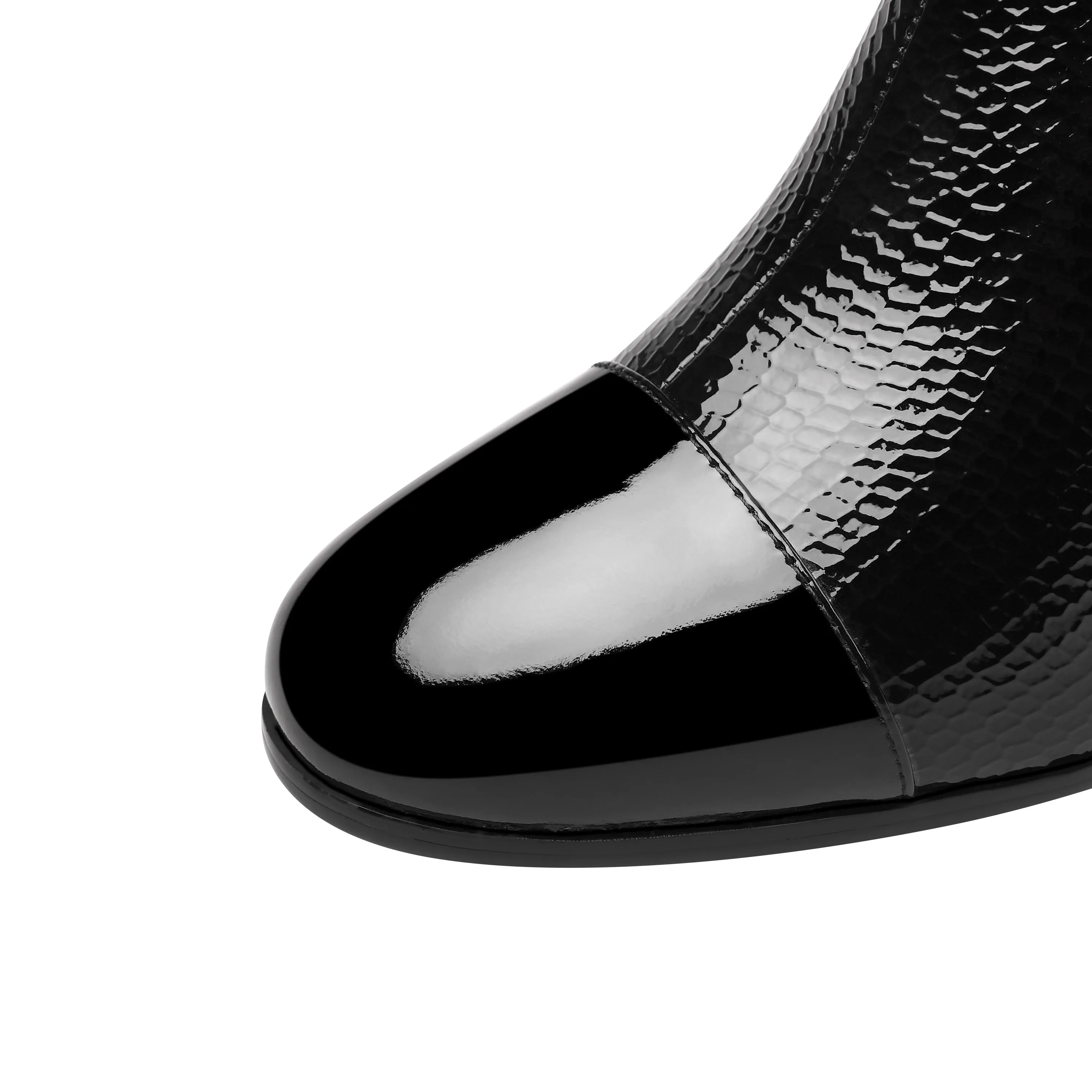 TinaCus Handmade Women's Patent Leather Side Zip Up Block Heel Cap-Toe Black Mid-Calf Boots with Chic Metal Pattern