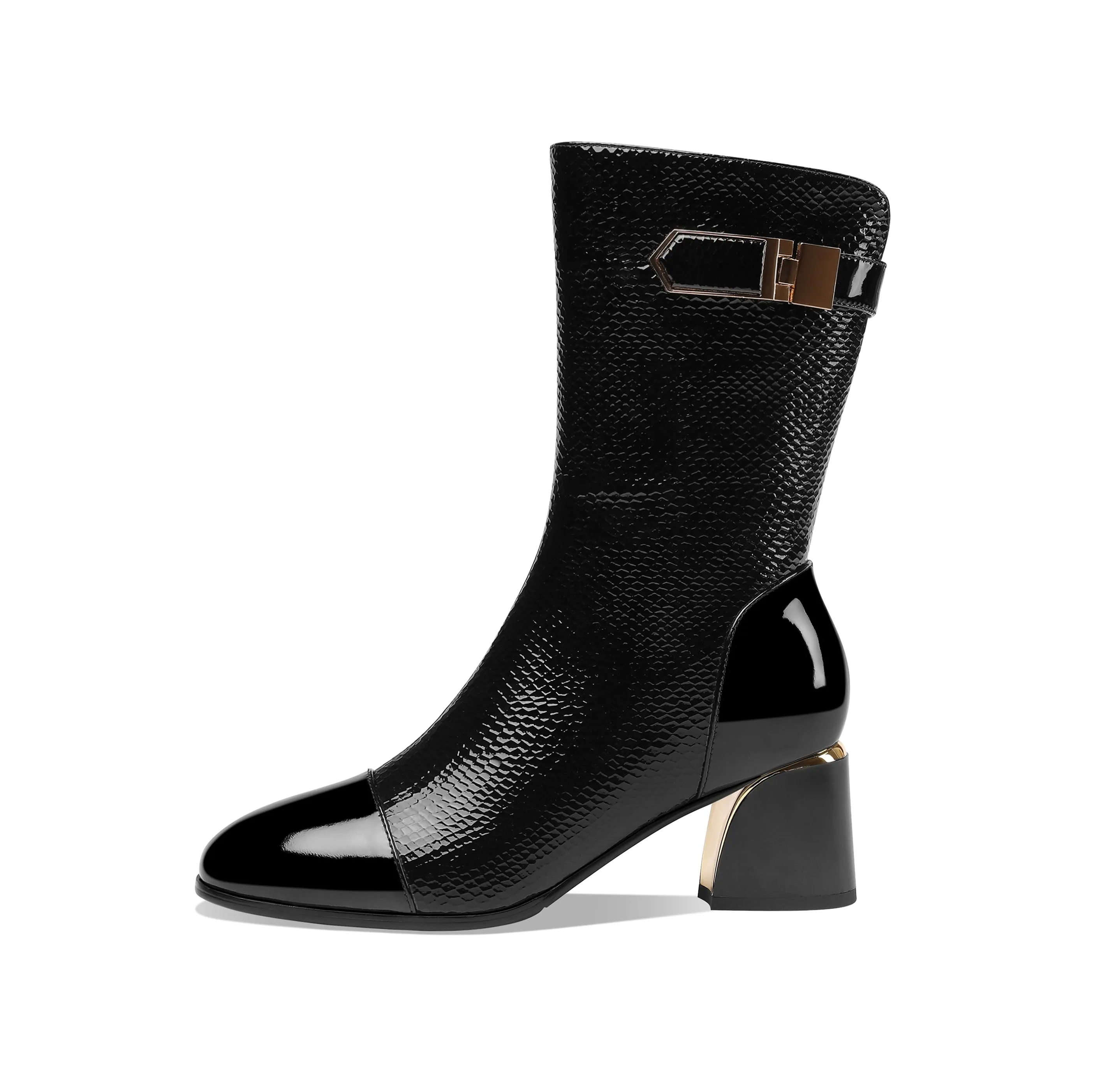 TinaCus Handmade Women's Patent Leather Side Zip Up Block Heel Cap-Toe Black Mid-Calf Boots with Chic Metal Pattern