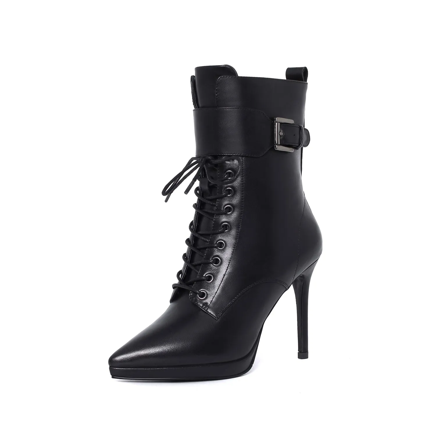 TinaCus Women's Genuine Leather Handmade Comfortable Stiletto High Heel Pointed Toe Zip Up Mid-Calf Boots with Buckle and Band