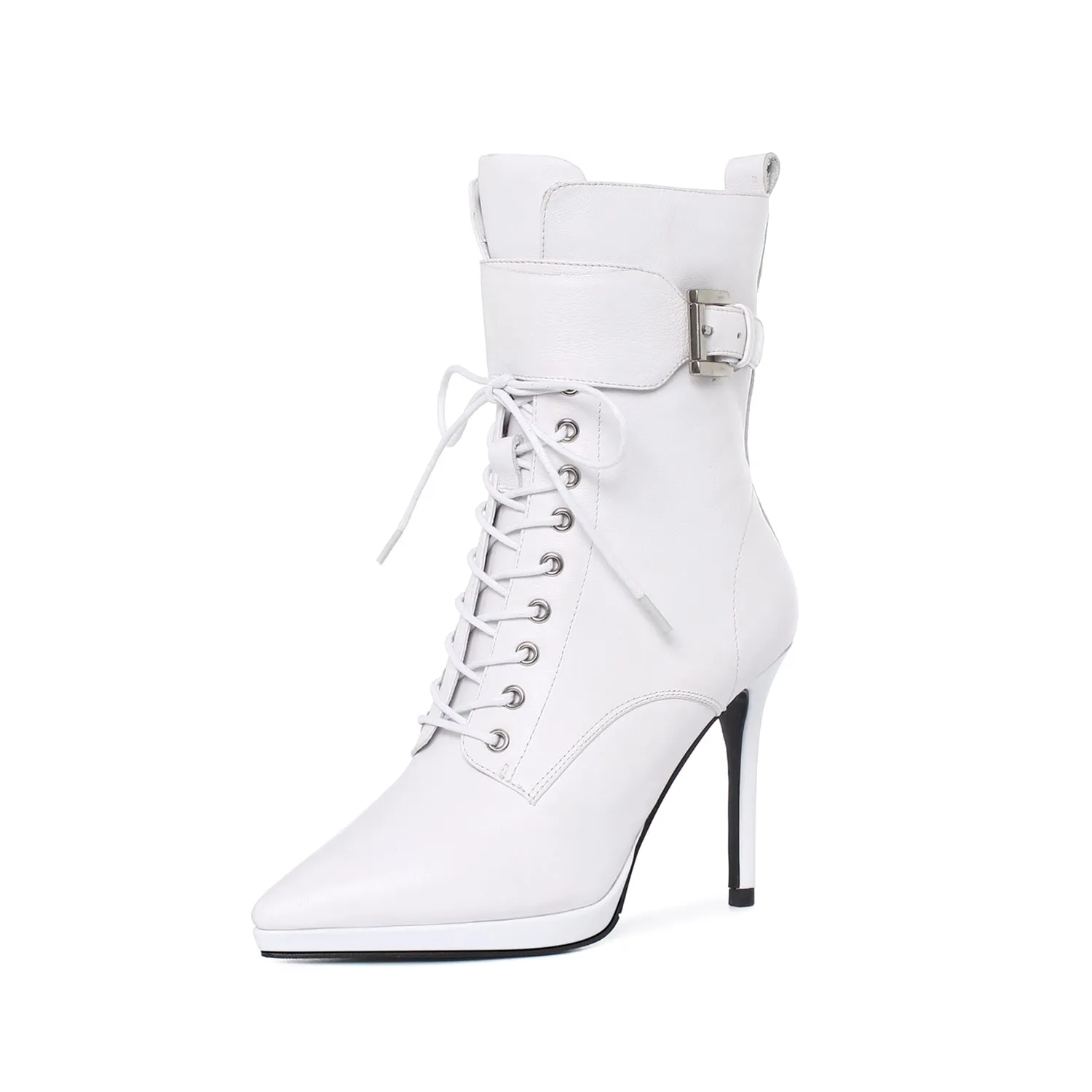 TinaCus Women's Genuine Leather Handmade Comfortable Stiletto High Heel Pointed Toe Zip Up Mid-Calf Boots with Buckle and Band