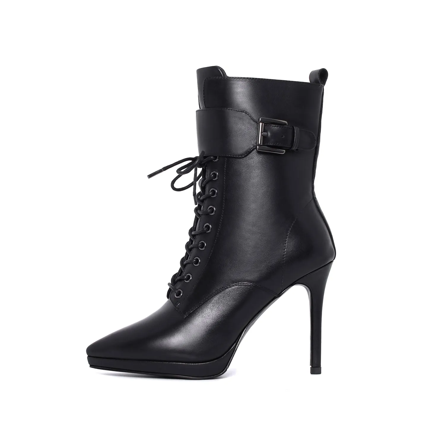 TinaCus Women's Genuine Leather Handmade Comfortable Stiletto High Heel Pointed Toe Zip Up Mid-Calf Boots with Buckle and Band