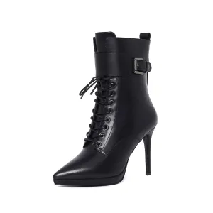 TinaCus Women's Genuine Leather Handmade Comfortable Stiletto High Heel Pointed Toe Zip Up Mid-Calf Boots with Buckle and Band
