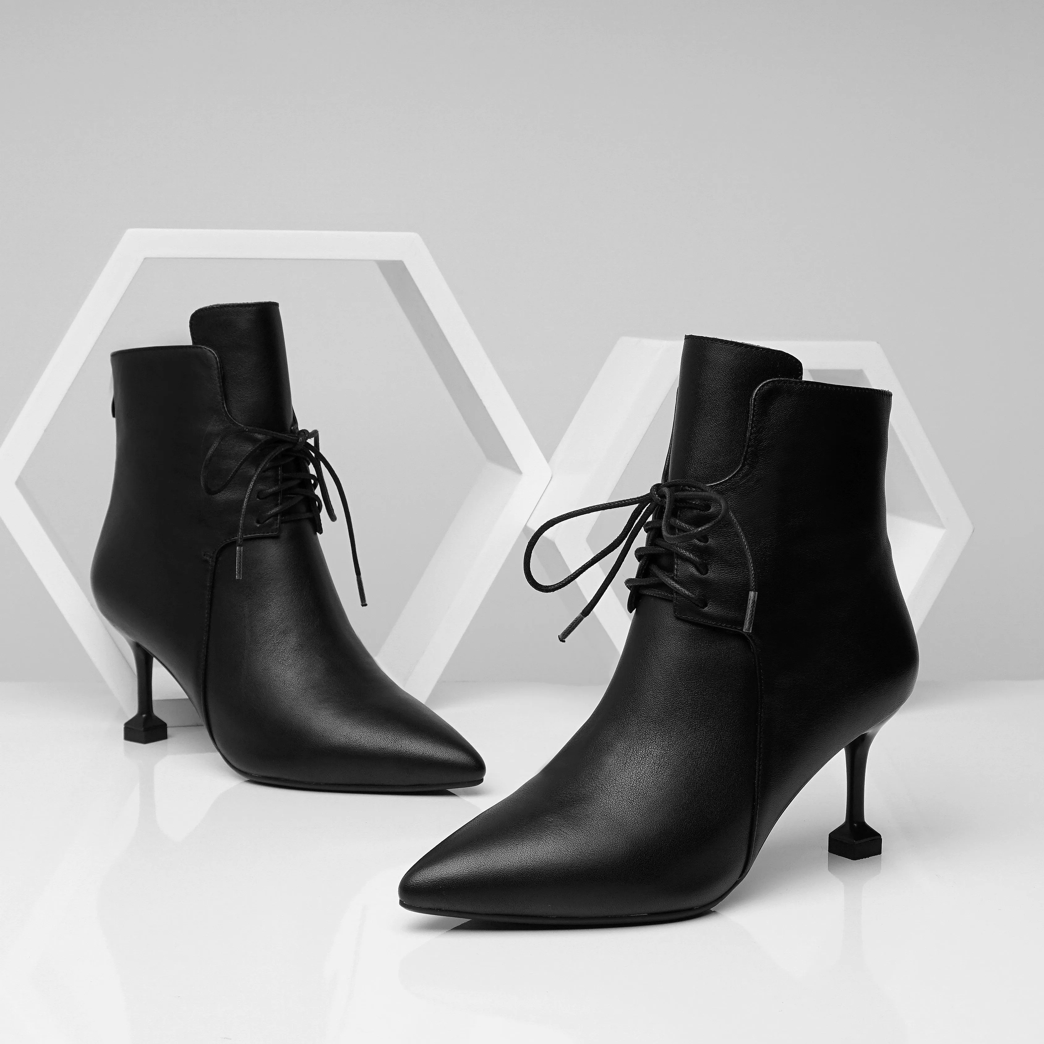 TinaCus Women's Genuine Leather Pointed Toe Lace Up Back Zip Handmade Stiletto Heel Fashion Ankle Boots