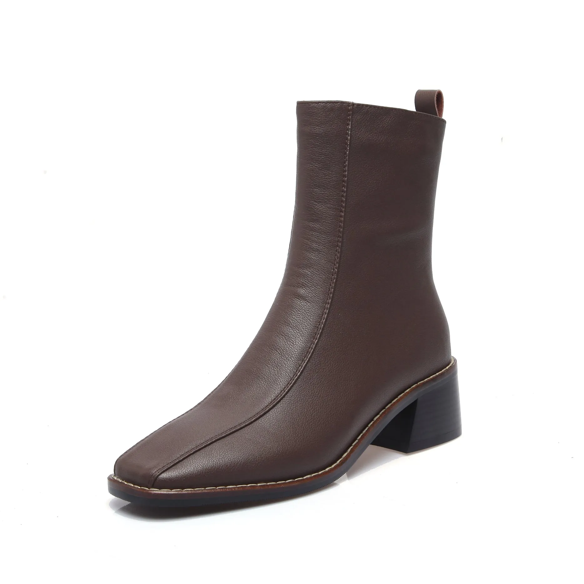 TinaCus Women's Genuine Leather Square Toe Side Zip Up Handmade Low Chunky Heel Chic Mid-Calf Boots