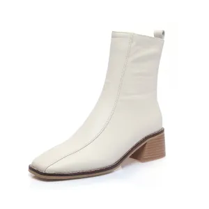 TinaCus Women's Genuine Leather Square Toe Side Zip Up Handmade Low Chunky Heel Chic Mid-Calf Boots