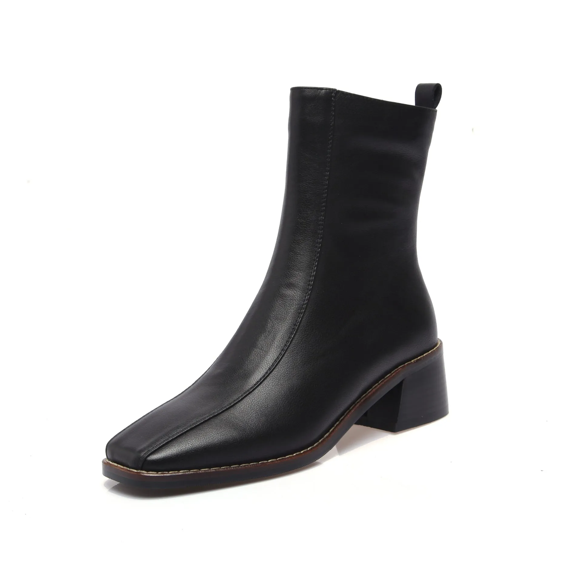 TinaCus Women's Genuine Leather Square Toe Side Zip Up Handmade Low Chunky Heel Chic Mid-Calf Boots