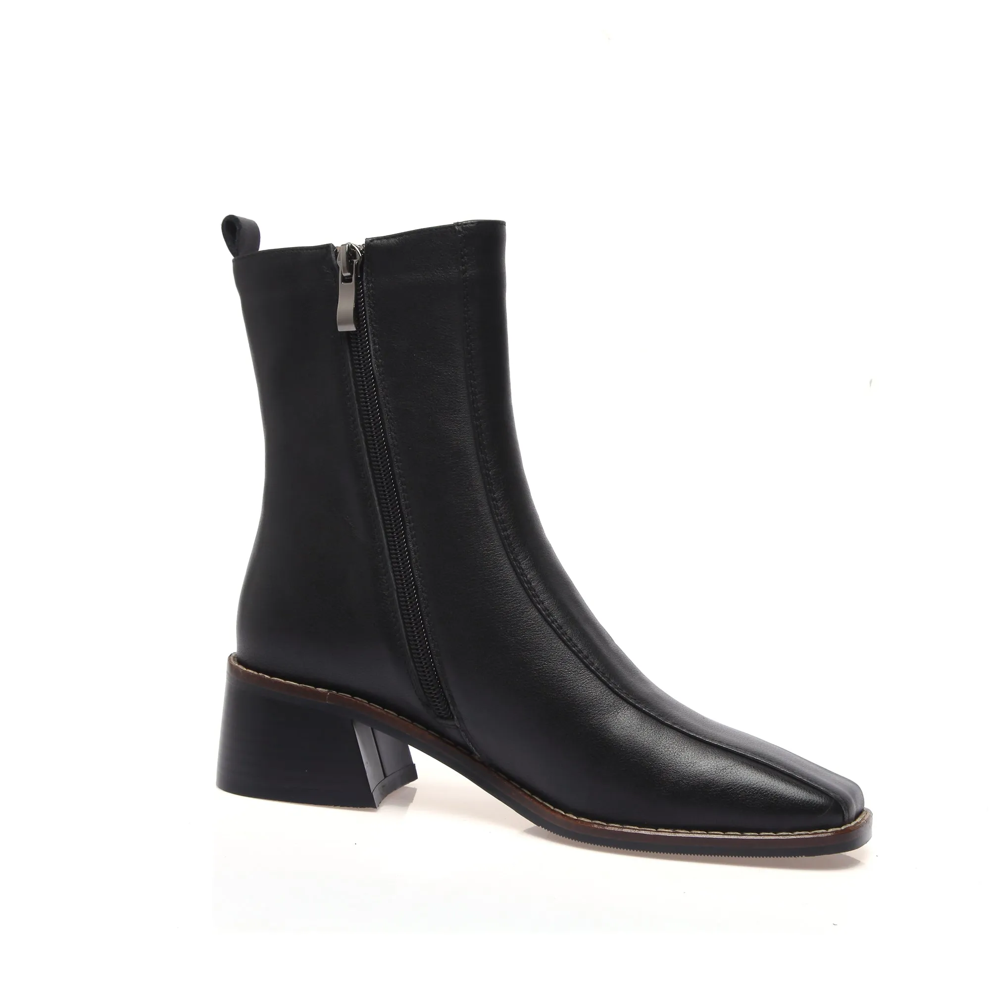 TinaCus Women's Genuine Leather Square Toe Side Zip Up Handmade Low Chunky Heel Chic Mid-Calf Boots