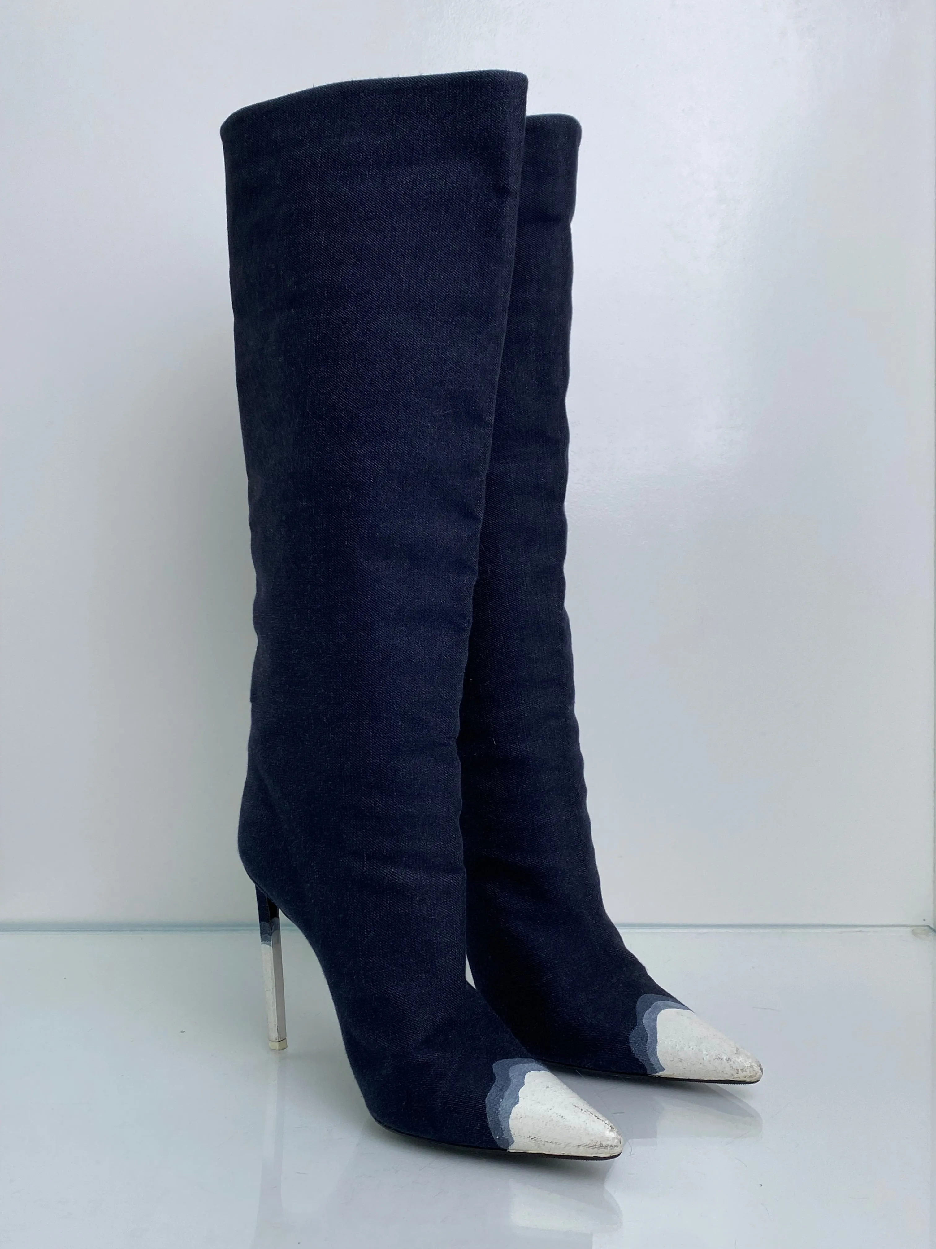 Tom Ford Bleached Denim Thigh High Boots, 39