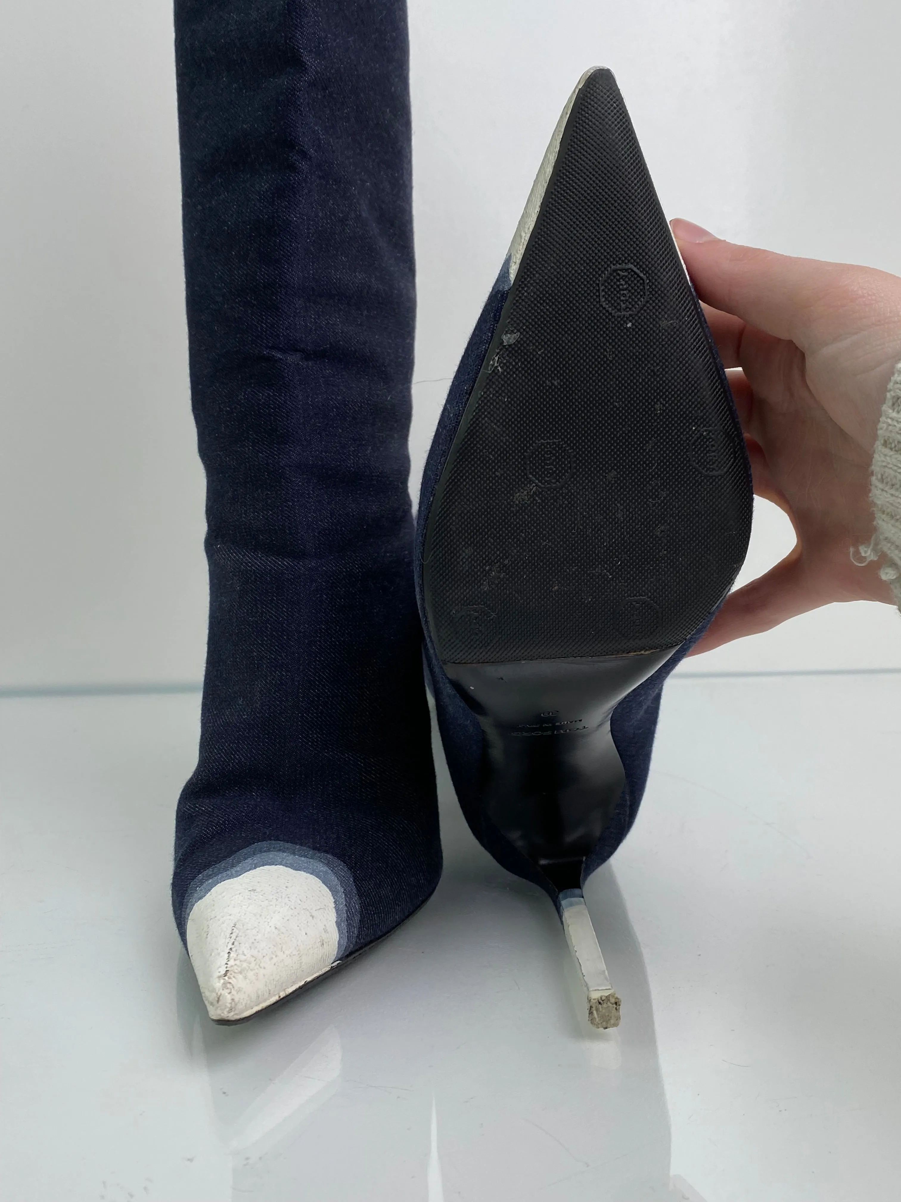 Tom Ford Bleached Denim Thigh High Boots, 39