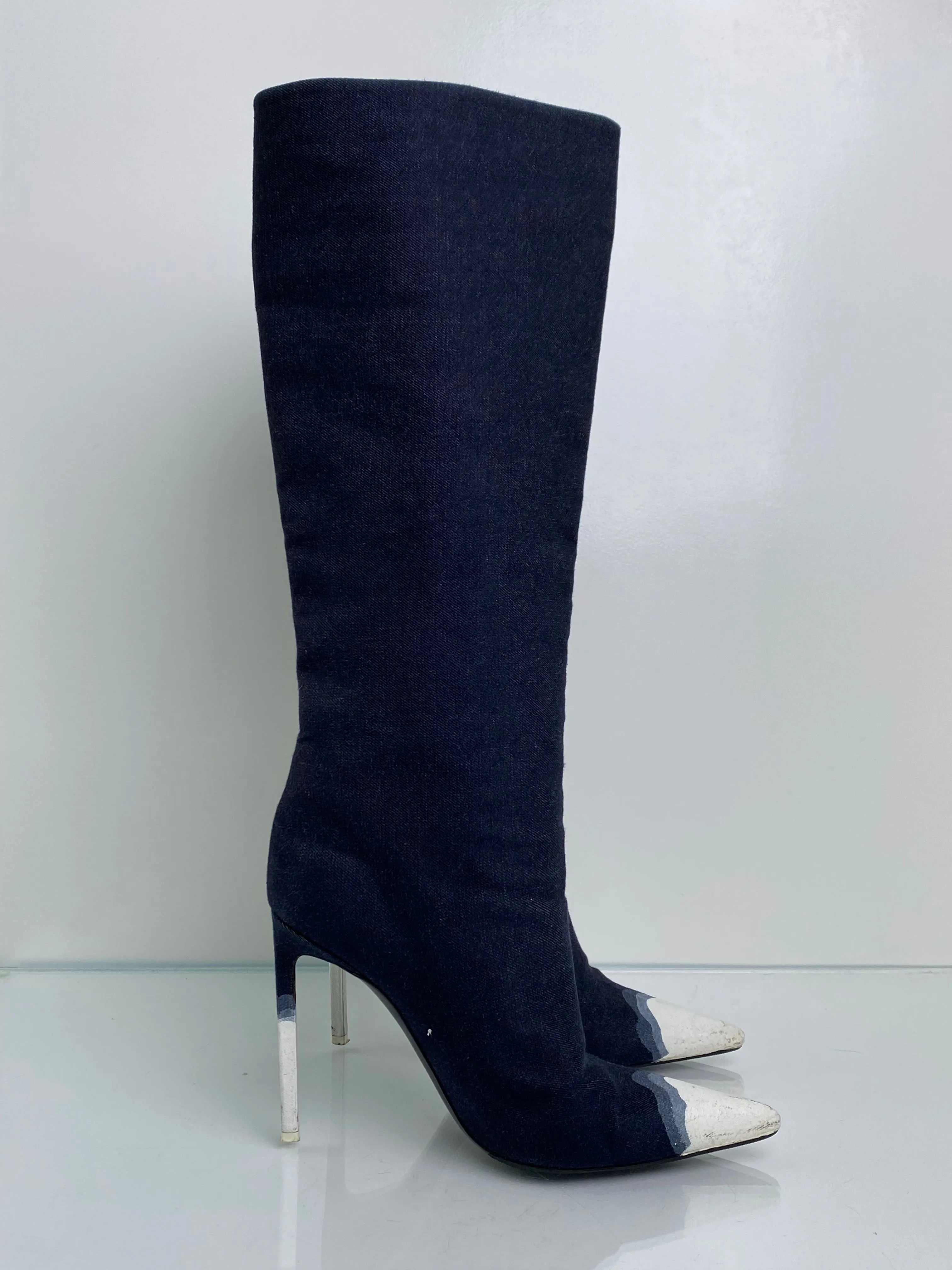 Tom Ford Bleached Denim Thigh High Boots, 39