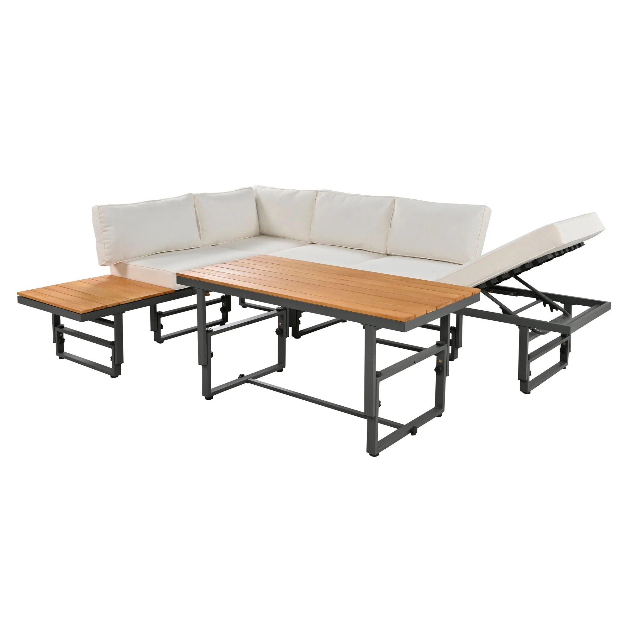 TREXM 3-Piece Modern Multi-Functional Outdoor Sectional Sofa Set with Height-adjustable Seating and Coffee Table for Patio, Garden and Backyard (Beige)