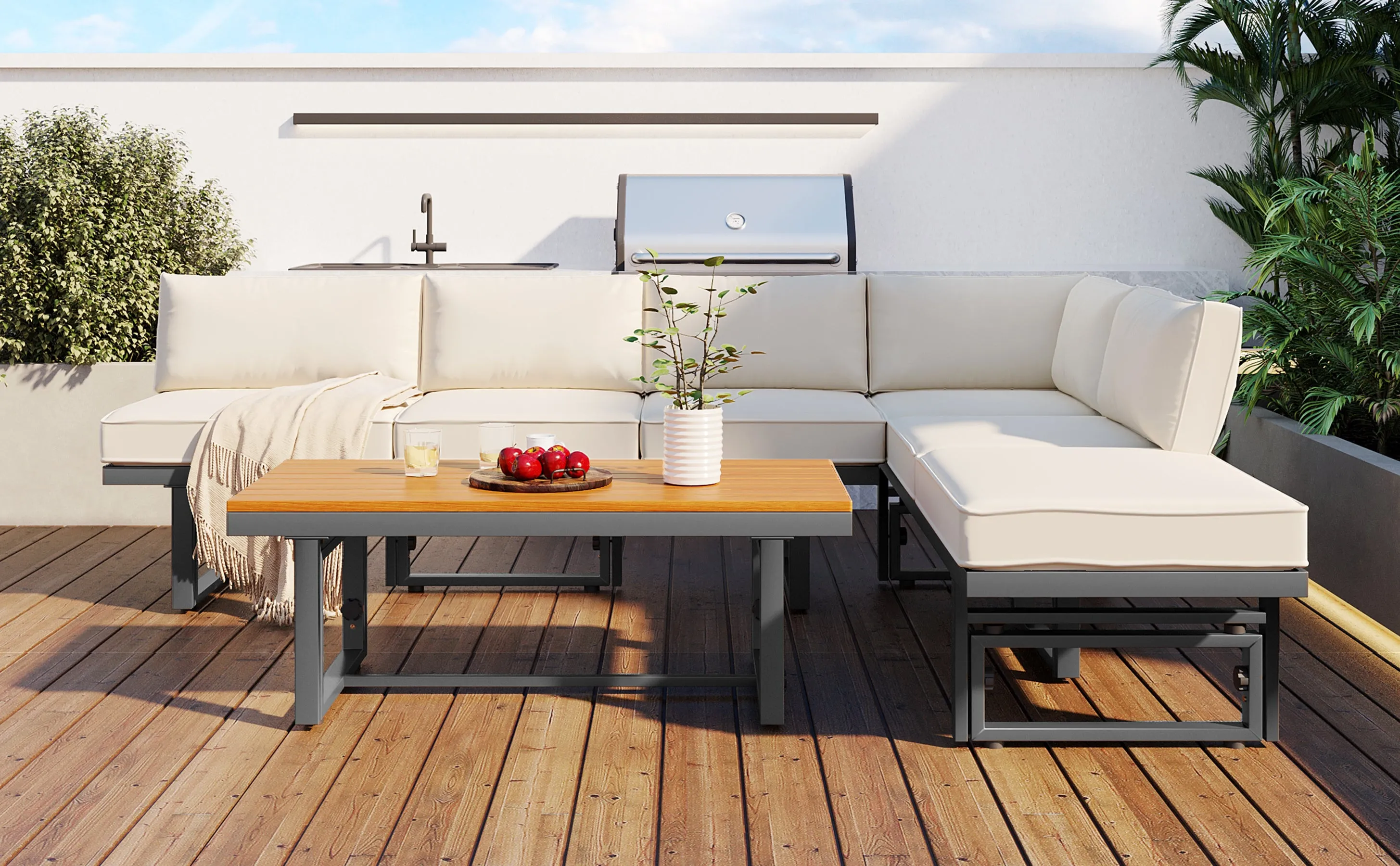 TREXM 3-Piece Modern Multi-Functional Outdoor Sectional Sofa Set with Height-adjustable Seating and Coffee Table for Patio, Garden and Backyard (Beige)