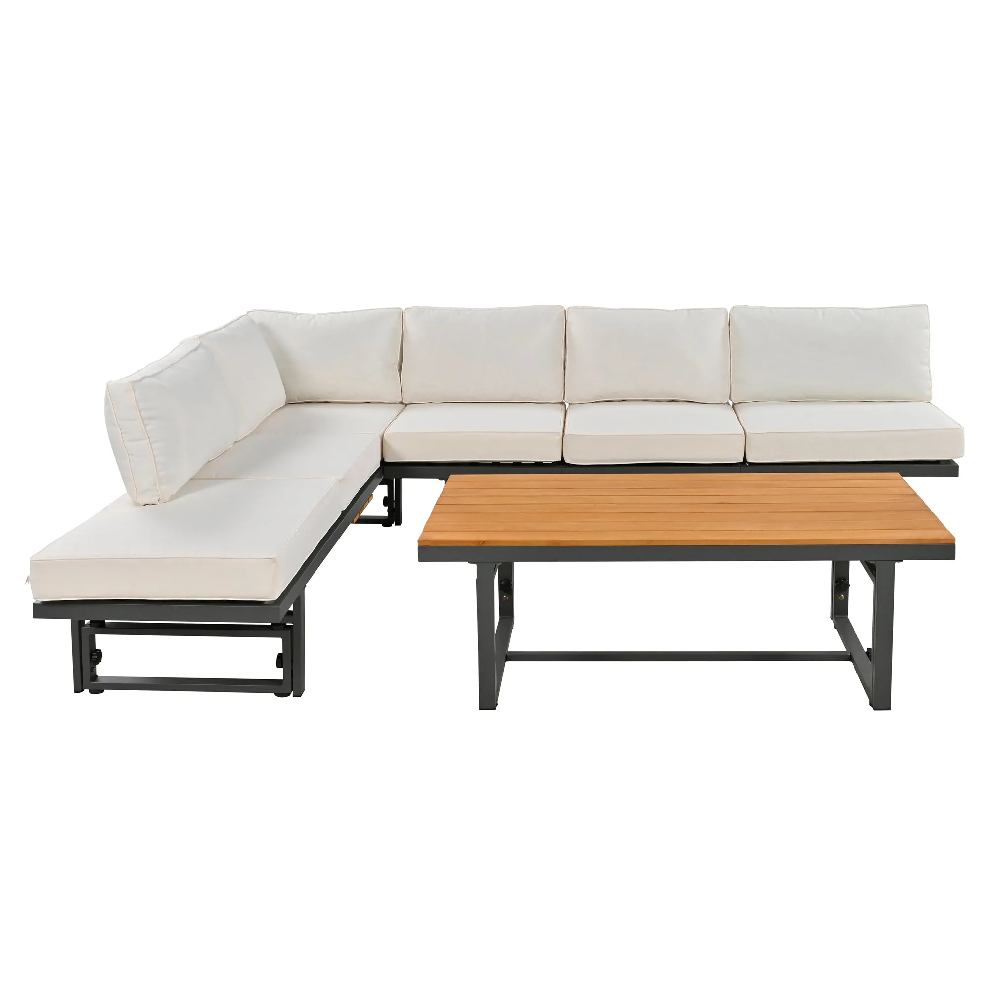 TREXM 3-Piece Modern Multi-Functional Outdoor Sectional Sofa Set with Height-adjustable Seating and Coffee Table for Patio, Garden and Backyard (Beige)