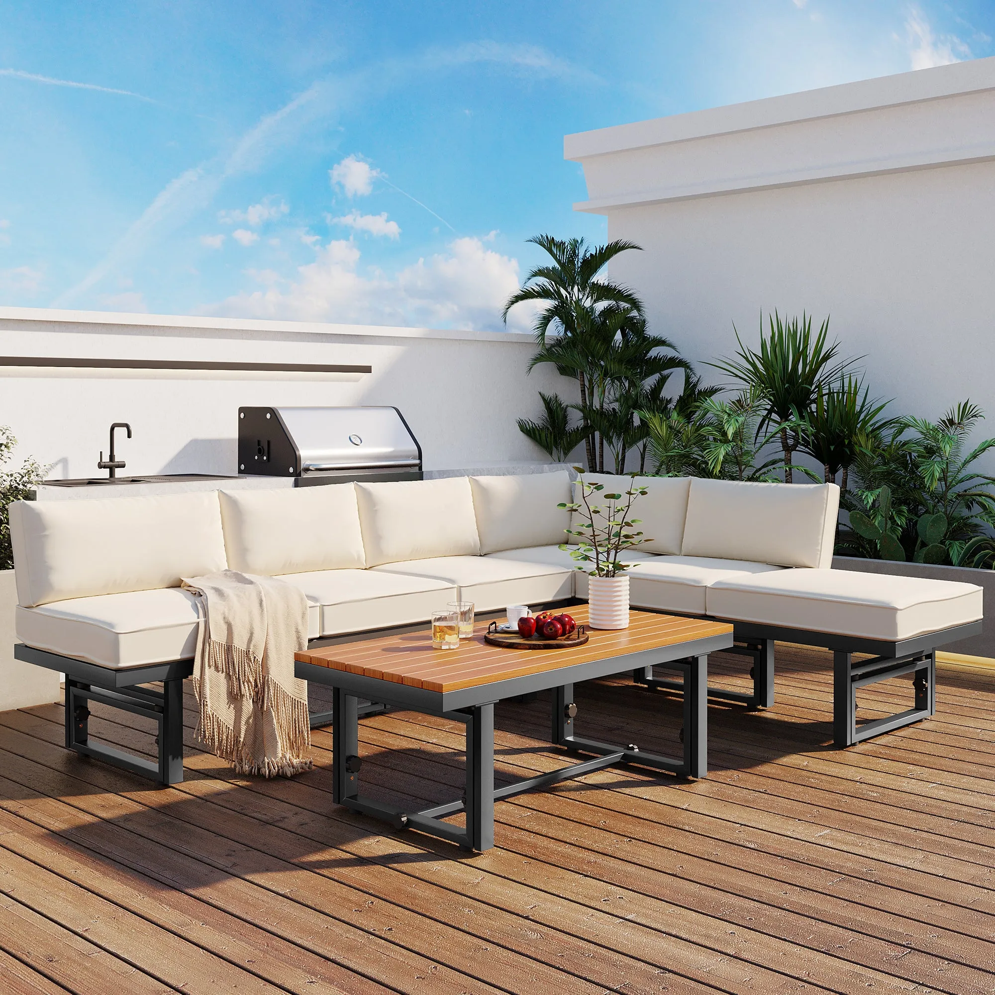 TREXM 3-Piece Modern Multi-Functional Outdoor Sectional Sofa Set with Height-adjustable Seating and Coffee Table for Patio, Garden and Backyard (Beige)