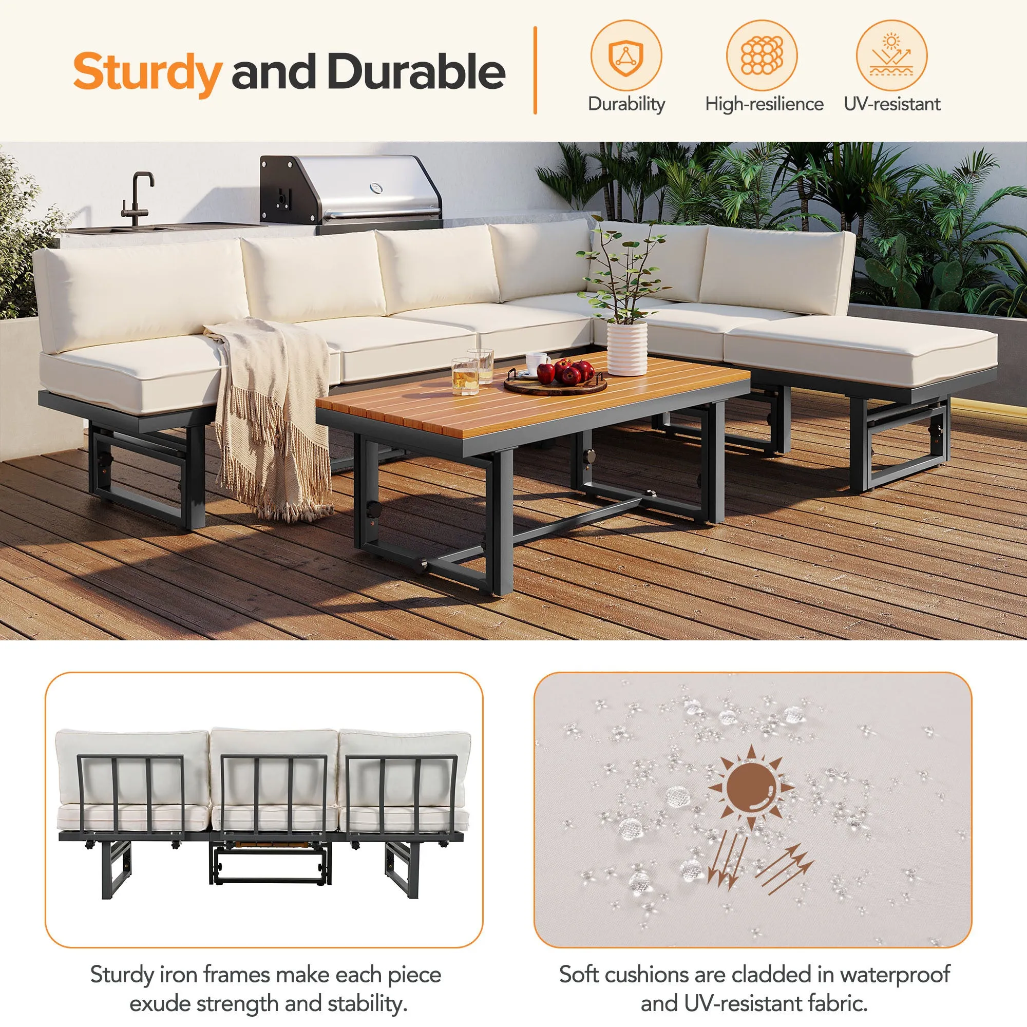 TREXM 3-Piece Modern Multi-Functional Outdoor Sectional Sofa Set with Height-adjustable Seating and Coffee Table for Patio, Garden and Backyard (Beige)
