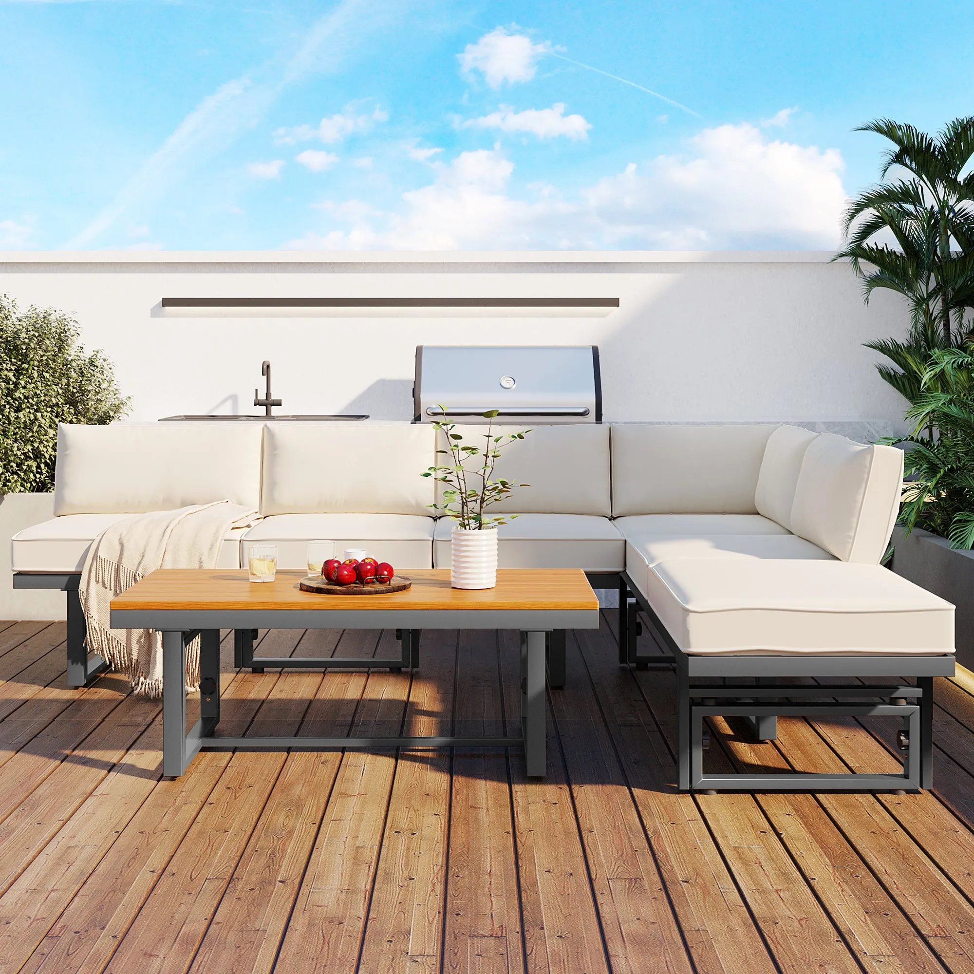 TREXM 3-Piece Modern Multi-Functional Outdoor Sectional Sofa Set with Height-adjustable Seating and Coffee Table for Patio, Garden and Backyard (Beige)