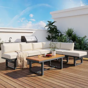 TREXM 3-Piece Modern Multi-Functional Outdoor Sectional Sofa Set with Height-adjustable Seating and Coffee Table for Patio, Garden and Backyard (Beige)