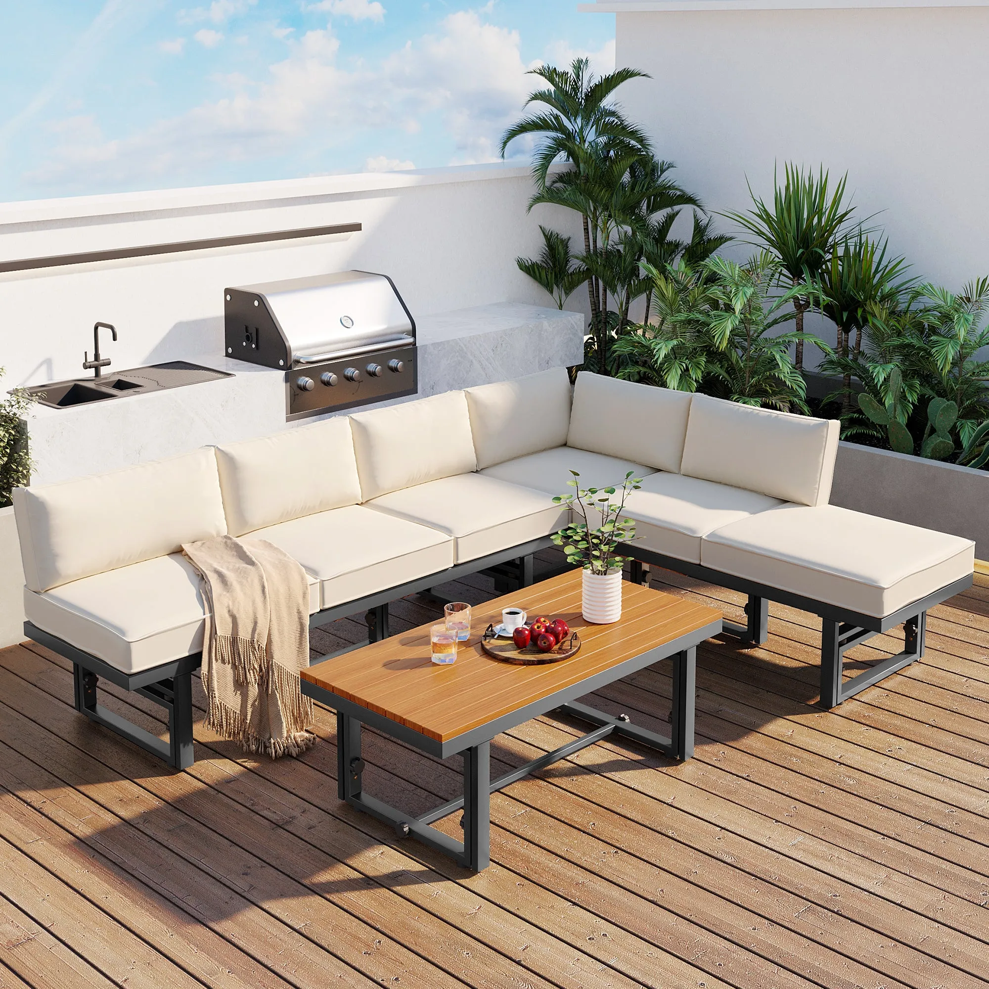 TREXM 3-Piece Modern Multi-Functional Outdoor Sectional Sofa Set with Height-adjustable Seating and Coffee Table for Patio, Garden and Backyard (Beige)