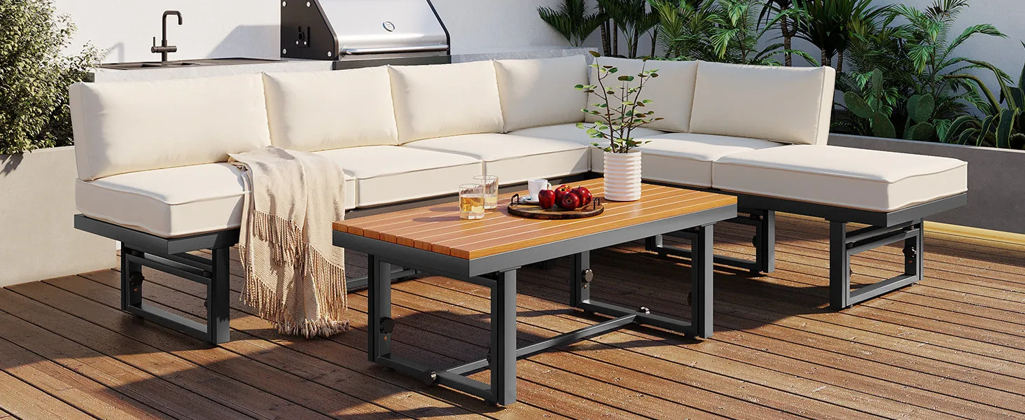 TREXM 3-Piece Modern Multi-Functional Outdoor Sectional Sofa Set with Height-adjustable Seating and Coffee Table for Patio, Garden and Backyard (Beige)