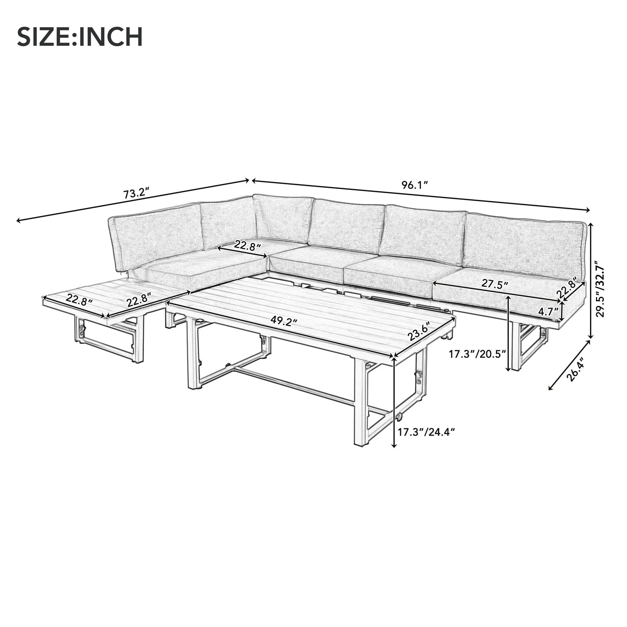 TREXM 3-Piece Modern Multi-Functional Outdoor Sectional Sofa Set with Height-adjustable Seating and Coffee Table for Patio, Garden and Backyard (Beige)