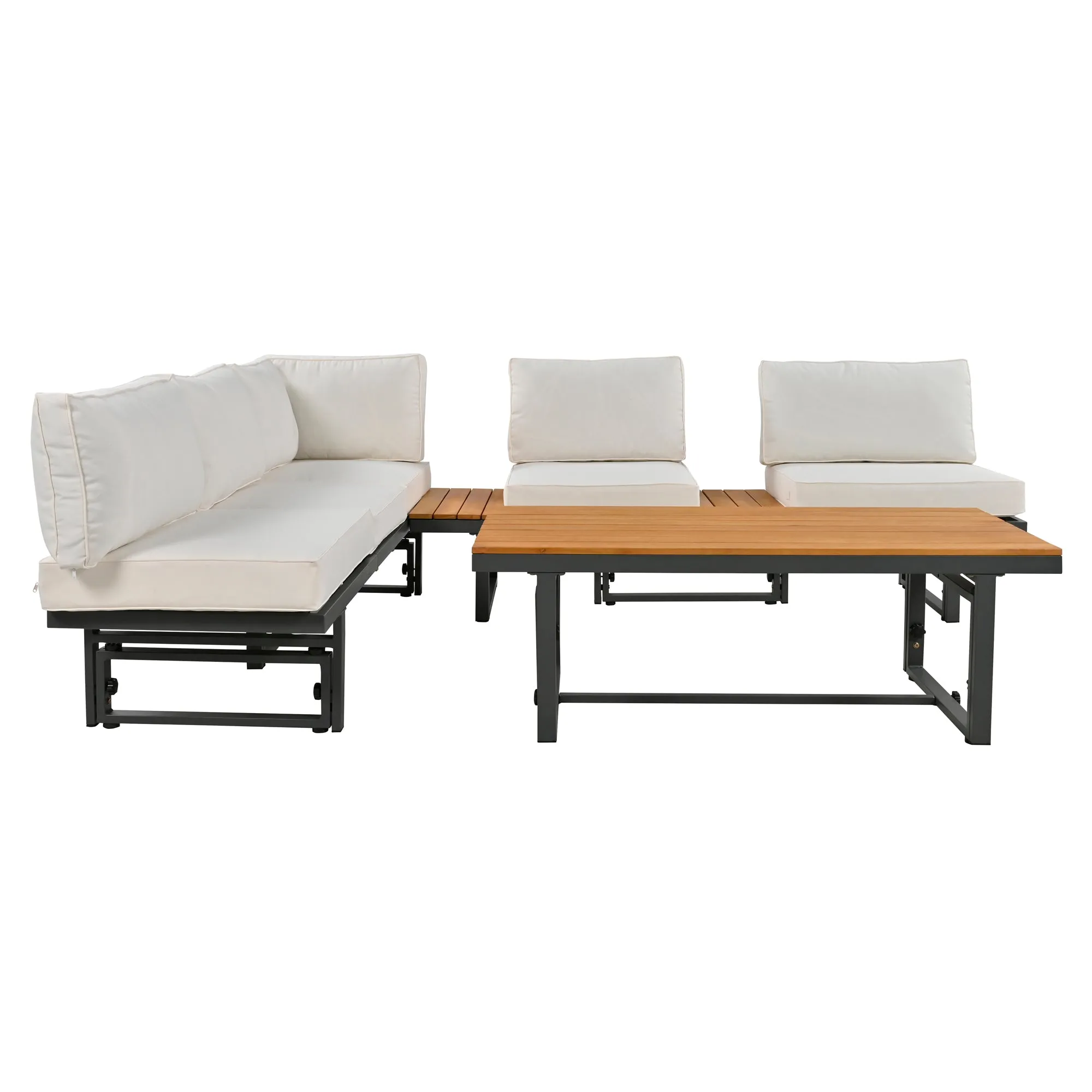 TREXM 3-Piece Modern Multi-Functional Outdoor Sectional Sofa Set with Height-adjustable Seating and Coffee Table for Patio, Garden and Backyard (Beige)