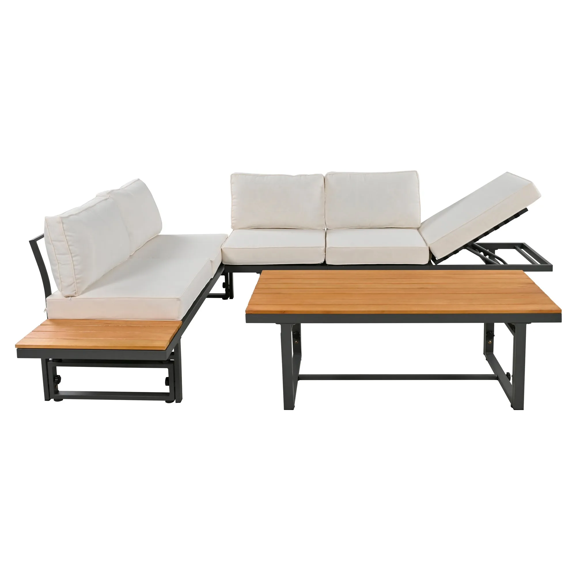 TREXM 3-Piece Modern Multi-Functional Outdoor Sectional Sofa Set with Height-adjustable Seating and Coffee Table for Patio, Garden and Backyard (Beige)