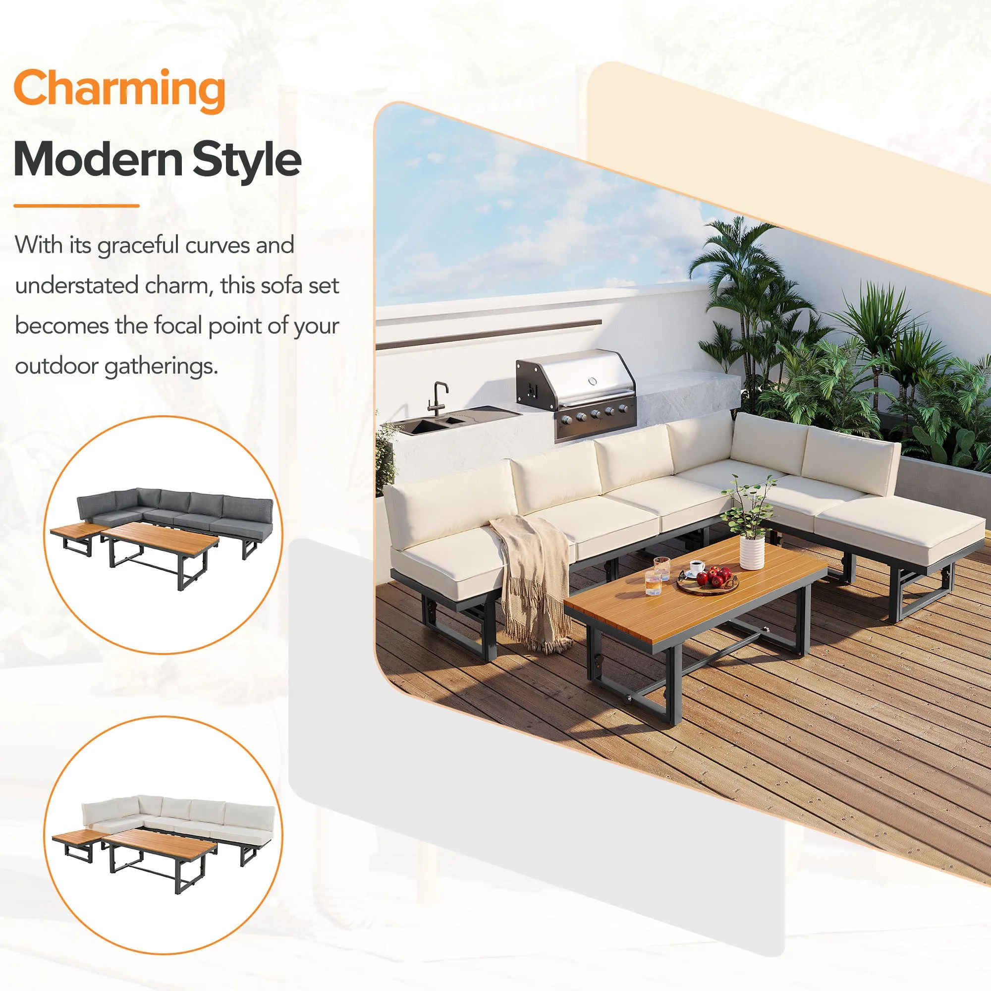 TREXM 3-Piece Modern Multi-Functional Outdoor Sectional Sofa Set with Height-adjustable Seating and Coffee Table for Patio, Garden and Backyard (Beige)