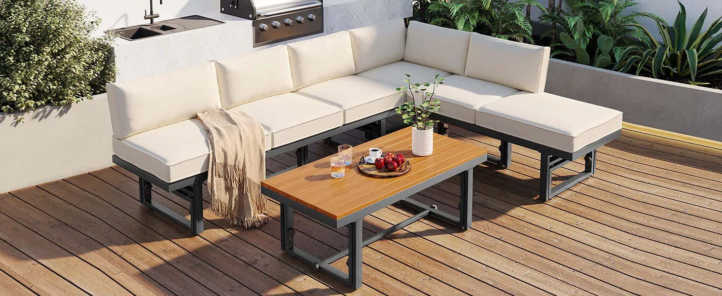 TREXM 3-Piece Modern Multi-Functional Outdoor Sectional Sofa Set with Height-adjustable Seating and Coffee Table for Patio, Garden and Backyard (Beige)