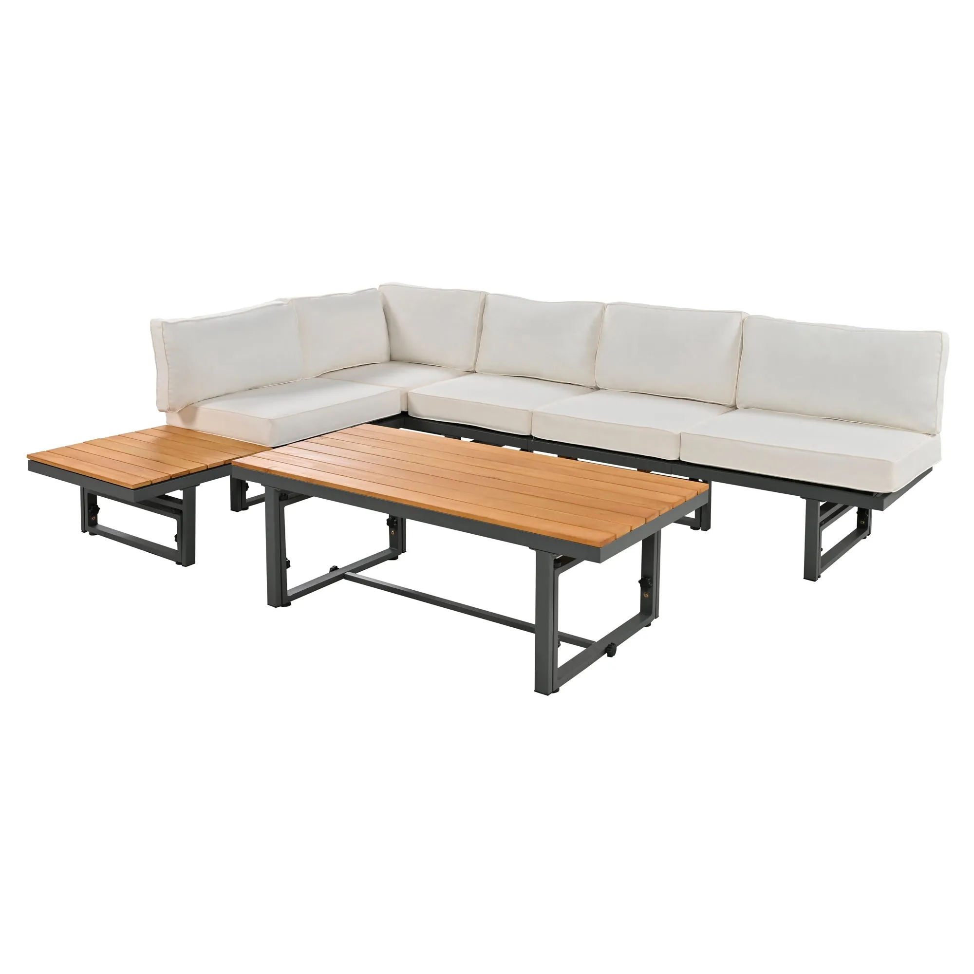 TREXM 3-Piece Modern Multi-Functional Outdoor Sectional Sofa Set with Height-adjustable Seating and Coffee Table for Patio, Garden and Backyard (Beige)