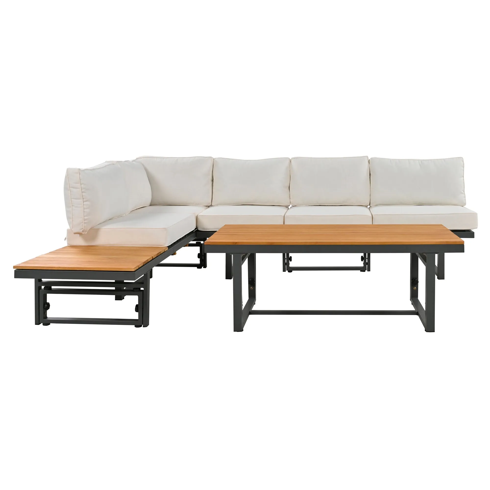 TREXM 3-Piece Modern Multi-Functional Outdoor Sectional Sofa Set with Height-adjustable Seating and Coffee Table for Patio, Garden and Backyard (Beige)