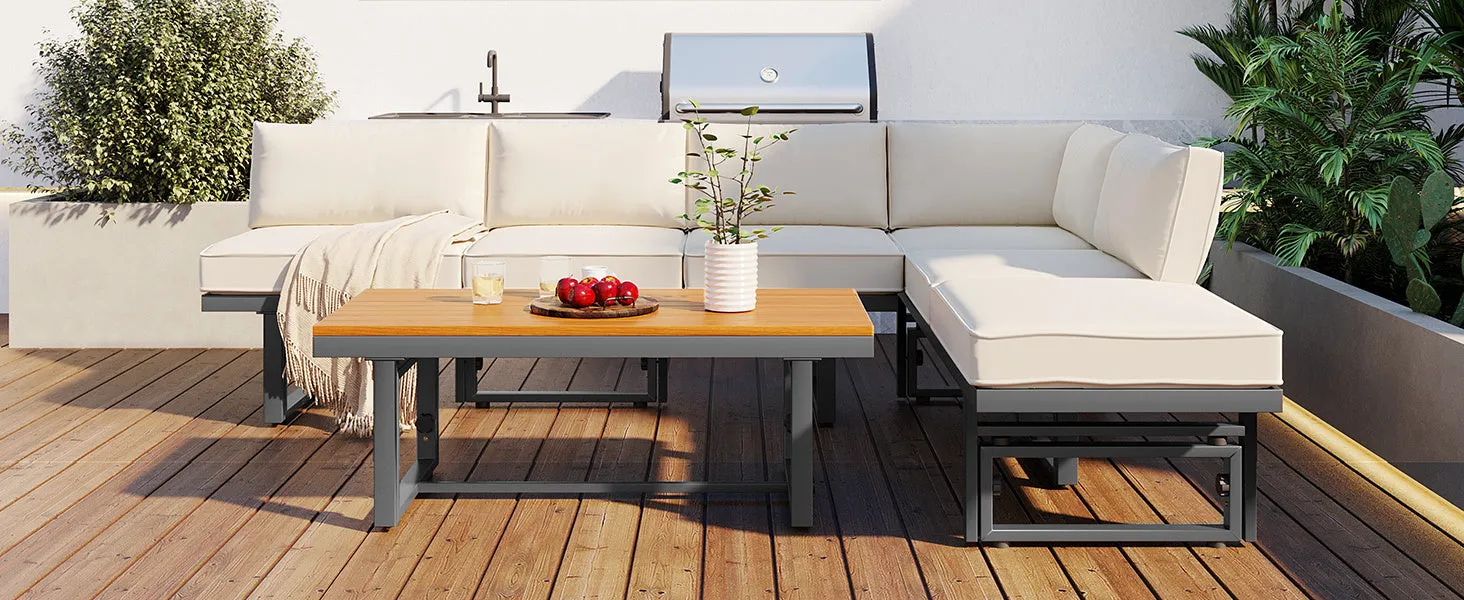 TREXM 3-Piece Modern Multi-Functional Outdoor Sectional Sofa Set with Height-adjustable Seating and Coffee Table for Patio, Garden and Backyard (Beige)