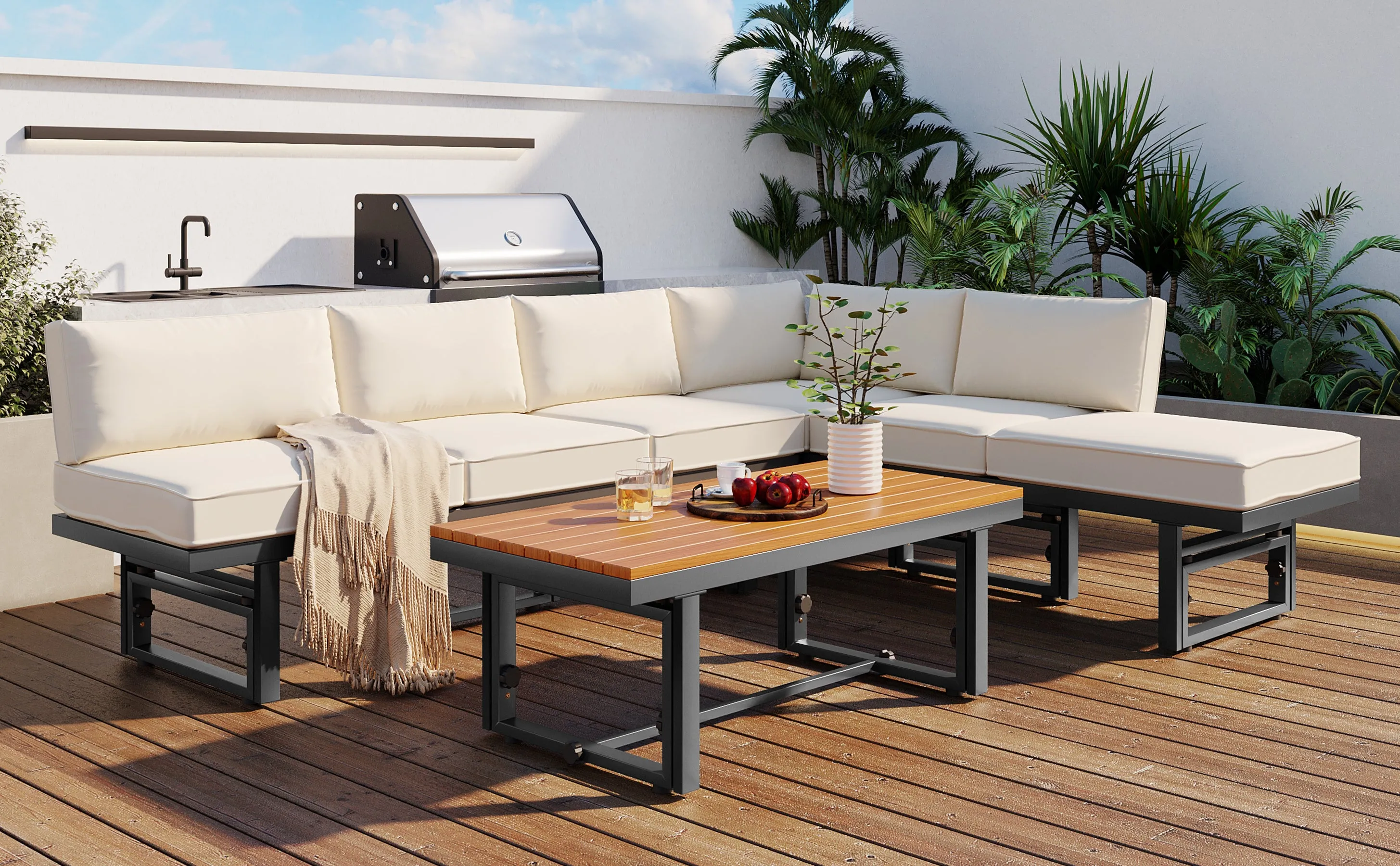 TREXM 3-Piece Modern Multi-Functional Outdoor Sectional Sofa Set with Height-adjustable Seating and Coffee Table for Patio, Garden and Backyard (Beige)