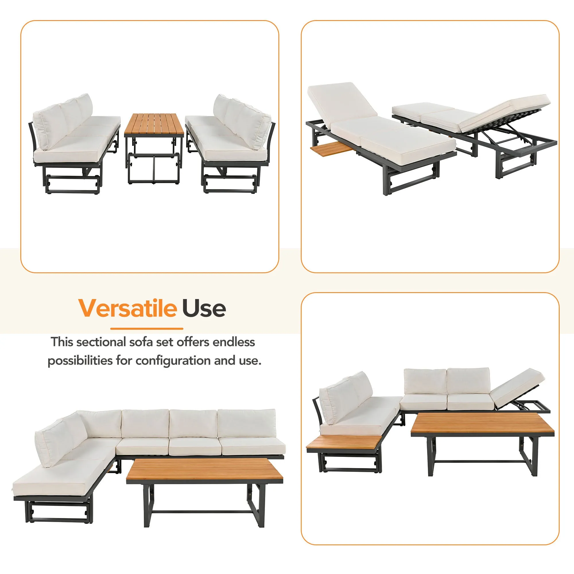 TREXM 3-Piece Modern Multi-Functional Outdoor Sectional Sofa Set with Height-adjustable Seating and Coffee Table for Patio, Garden and Backyard (Beige)