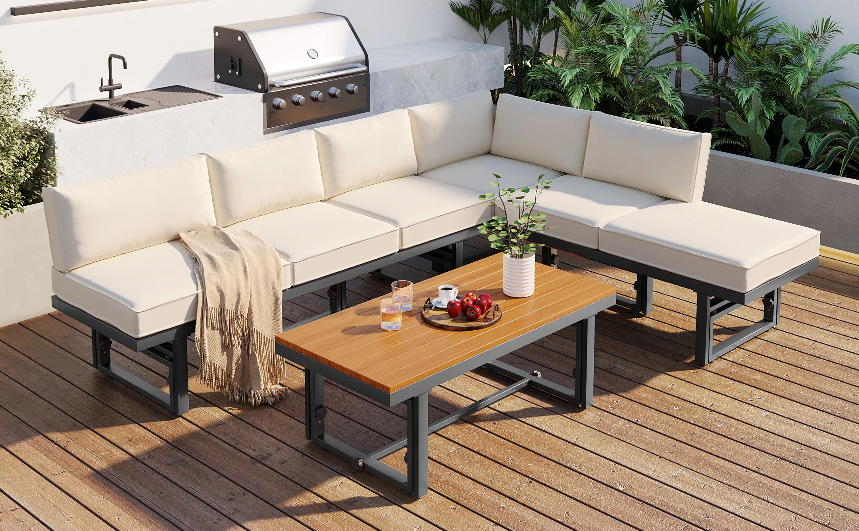 TREXM 3-Piece Modern Multi-Functional Outdoor Sectional Sofa Set with Height-adjustable Seating and Coffee Table for Patio, Garden and Backyard (Beige)